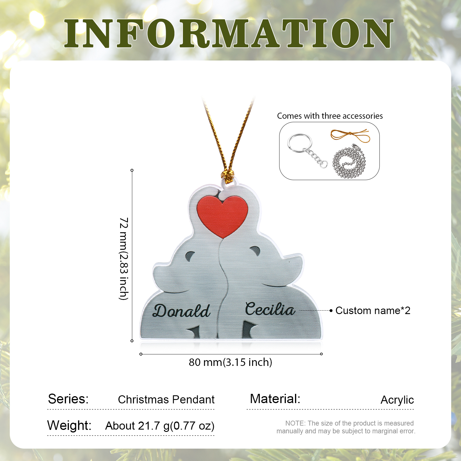 Personalised Acrylic Elephant Keychain Custom 2 Names Hanging Ornaments Christmas Keyring for Couple | Jessemade-Jessemade AU