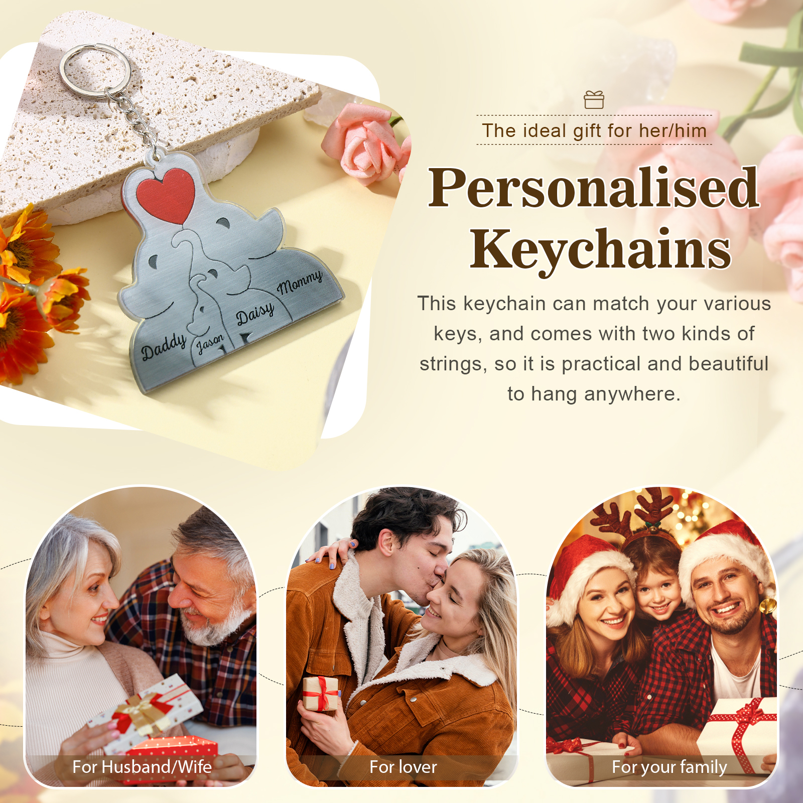 Personalised Acrylic Elephant Keychain Custom 4 Names Hanging Ornaments Christmas Keyring for Family | Jessemade-Jessemade AU