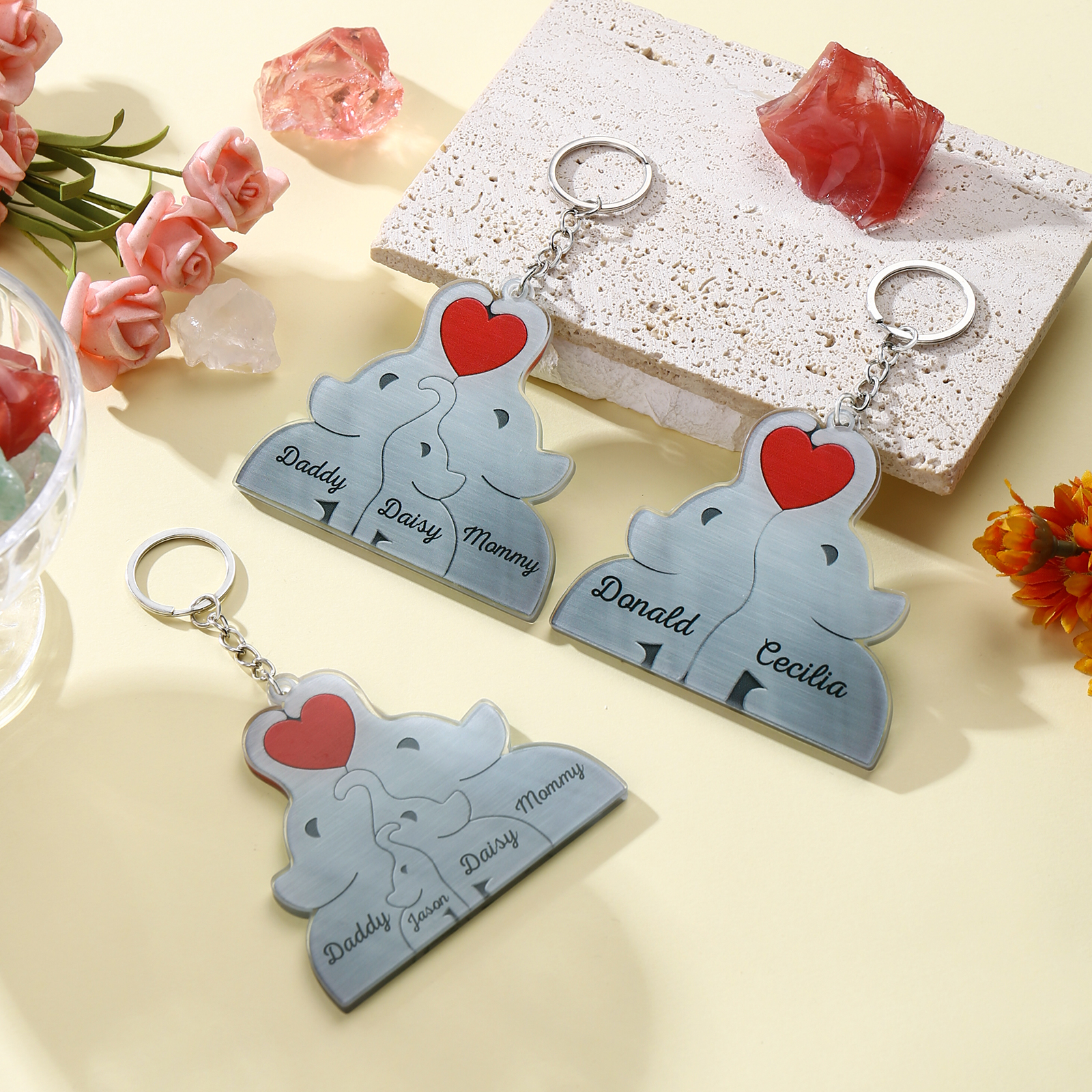 Personalised Acrylic Elephant Keychain Custom 4 Names Hanging Ornaments Christmas Keyring for Family | Jessemade-Jessemade AU