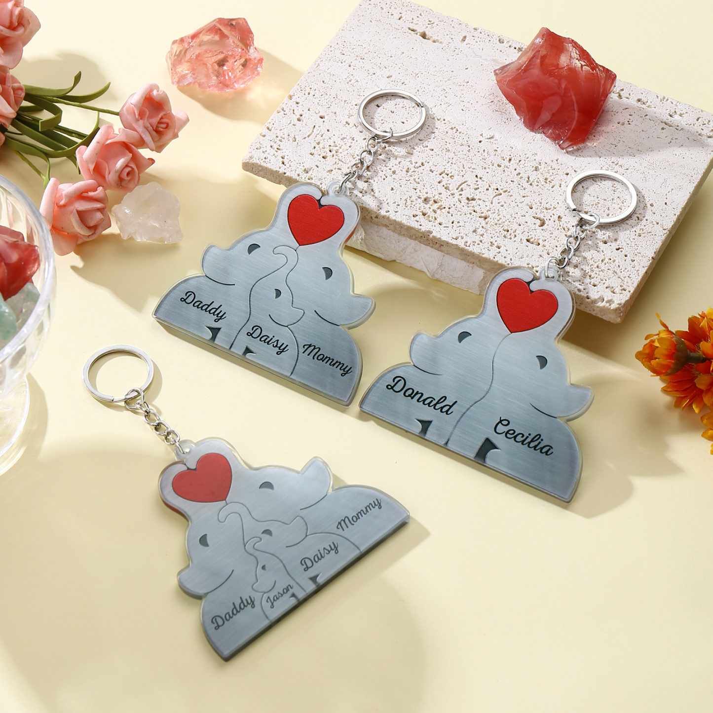 Personalised Acrylic Elephant Keychain Custom 4 Names Hanging Ornaments Christmas Keyring for Family | Jessemade-Jessemade AU