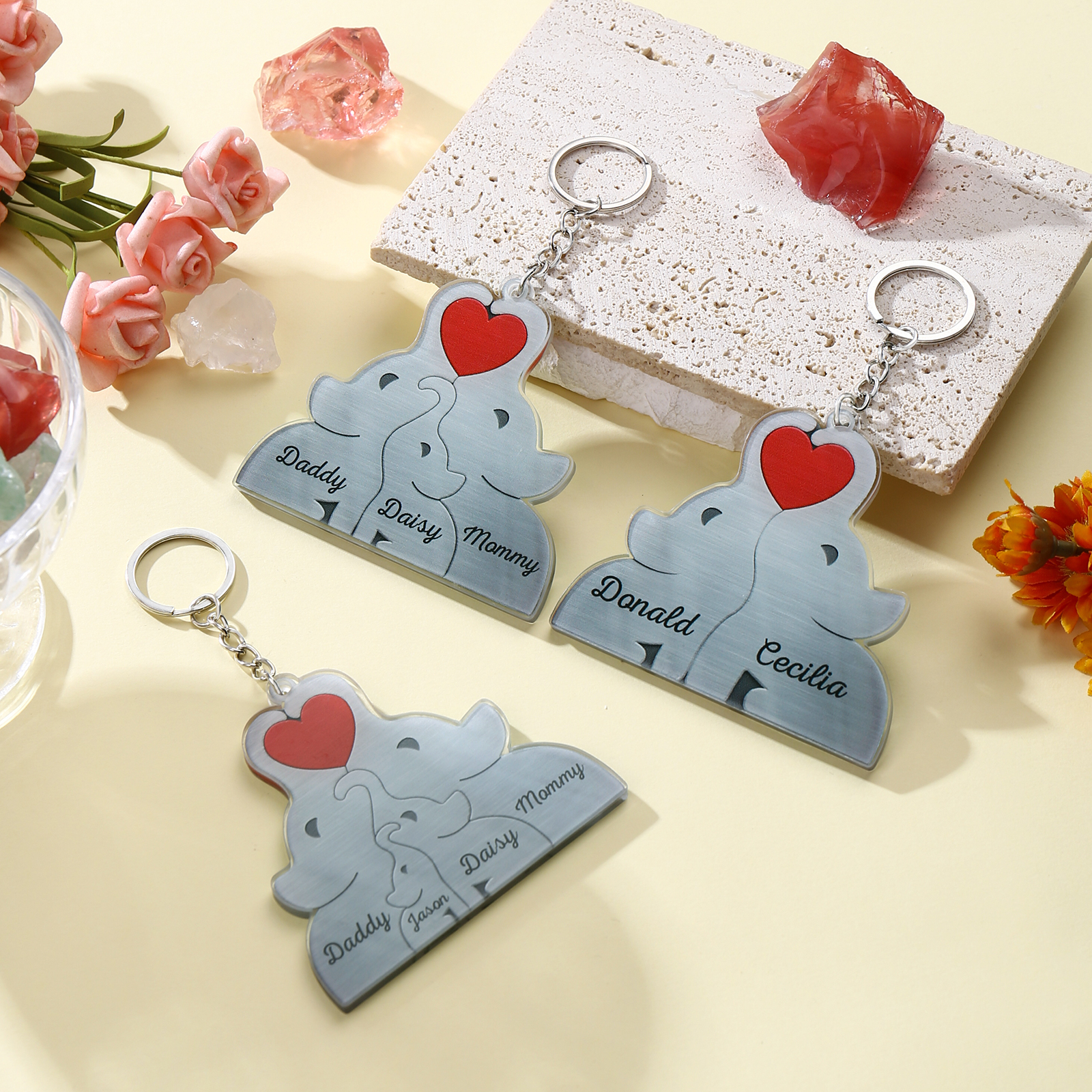 Personalised Acrylic Elephant Keychain Custom 4 Names Hanging Ornaments Christmas Keyring for Family | Jessemade-Jessemade AU