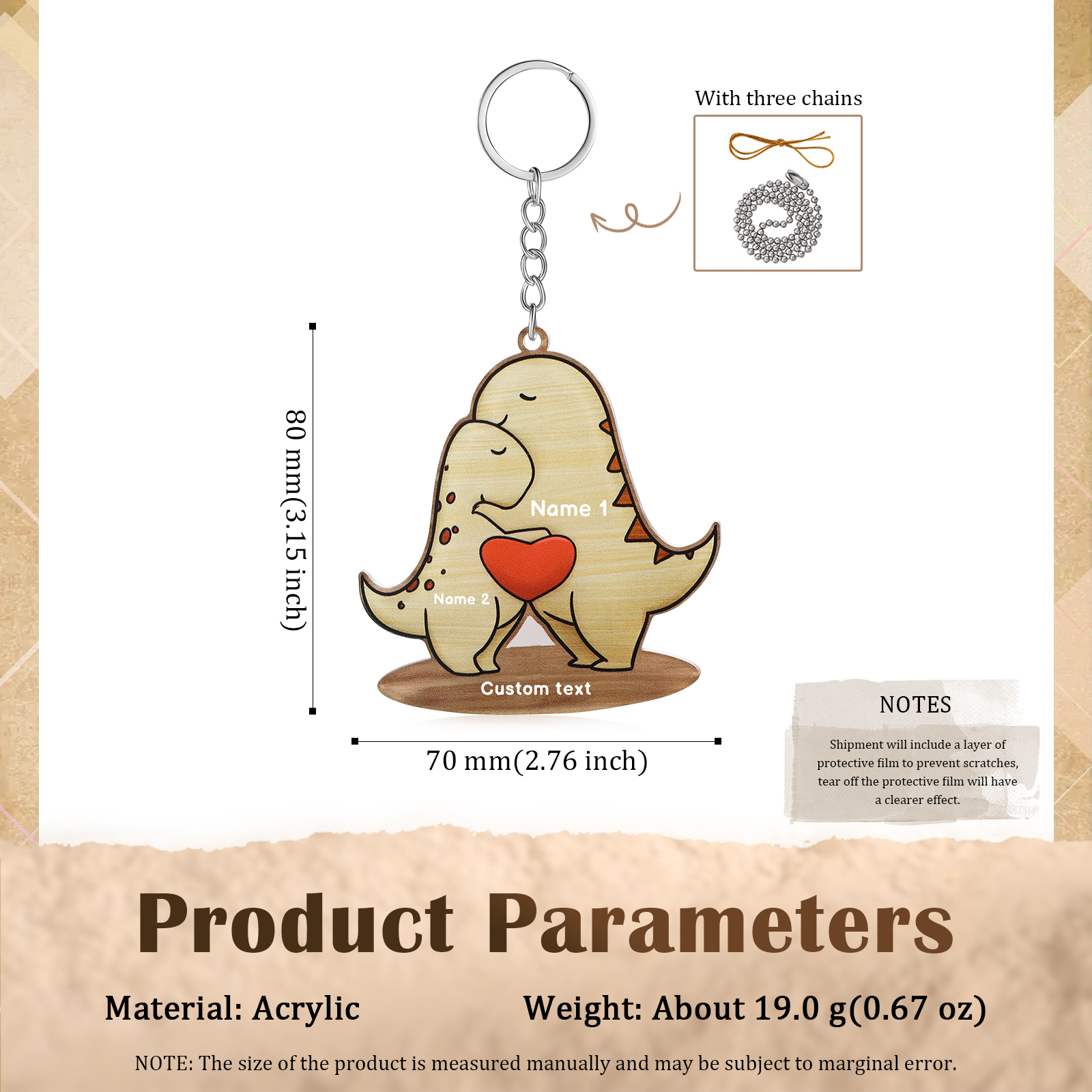 2 Names - Personalised Acrylic Dinosaur Keychain Custom Text & Name Ornament Gifts for Father/Mother-Jessemade AU