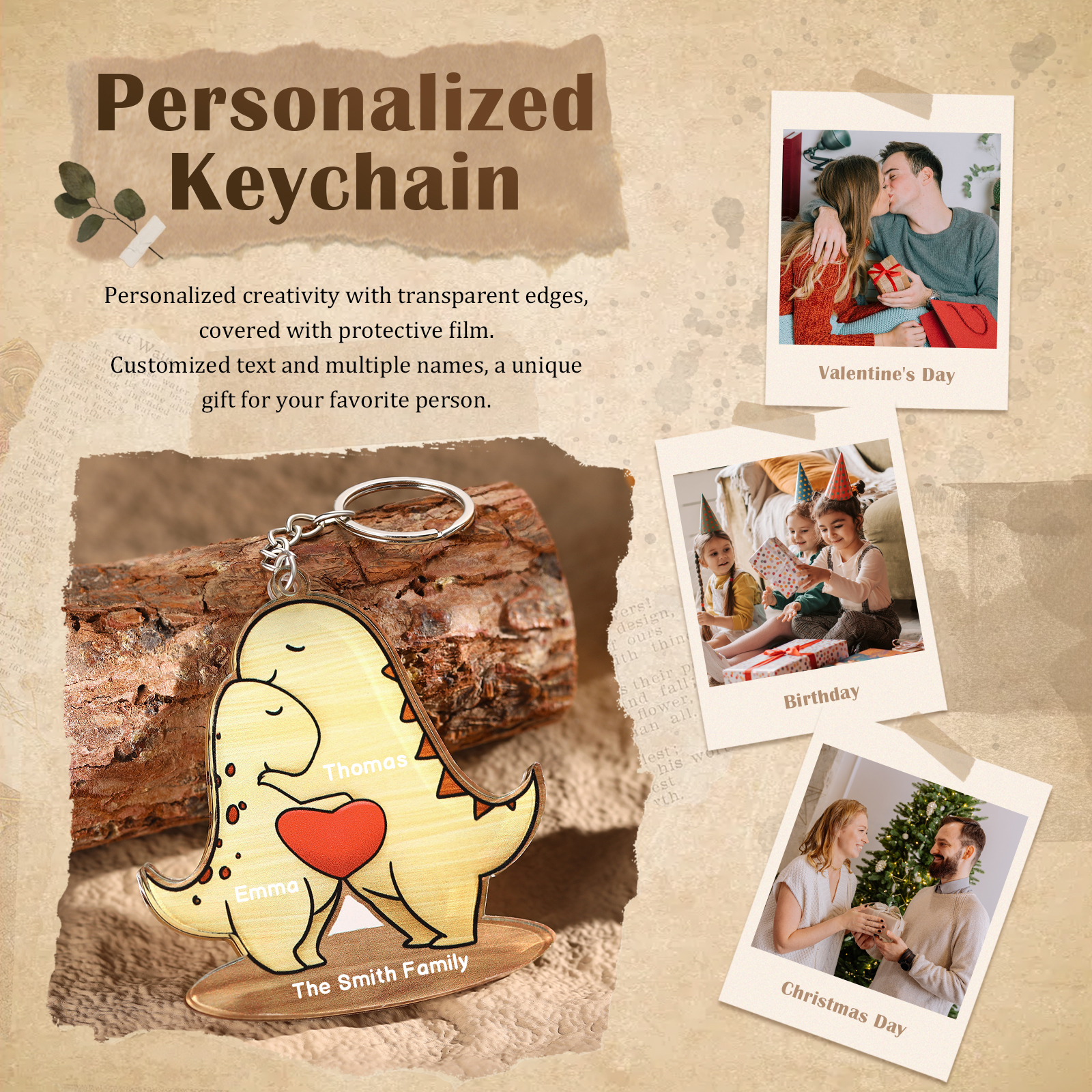 2 Names - Personalised Acrylic Dinosaur Keychain Custom Text & Name Ornament Gifts for Father/Mother-Jessemade AU