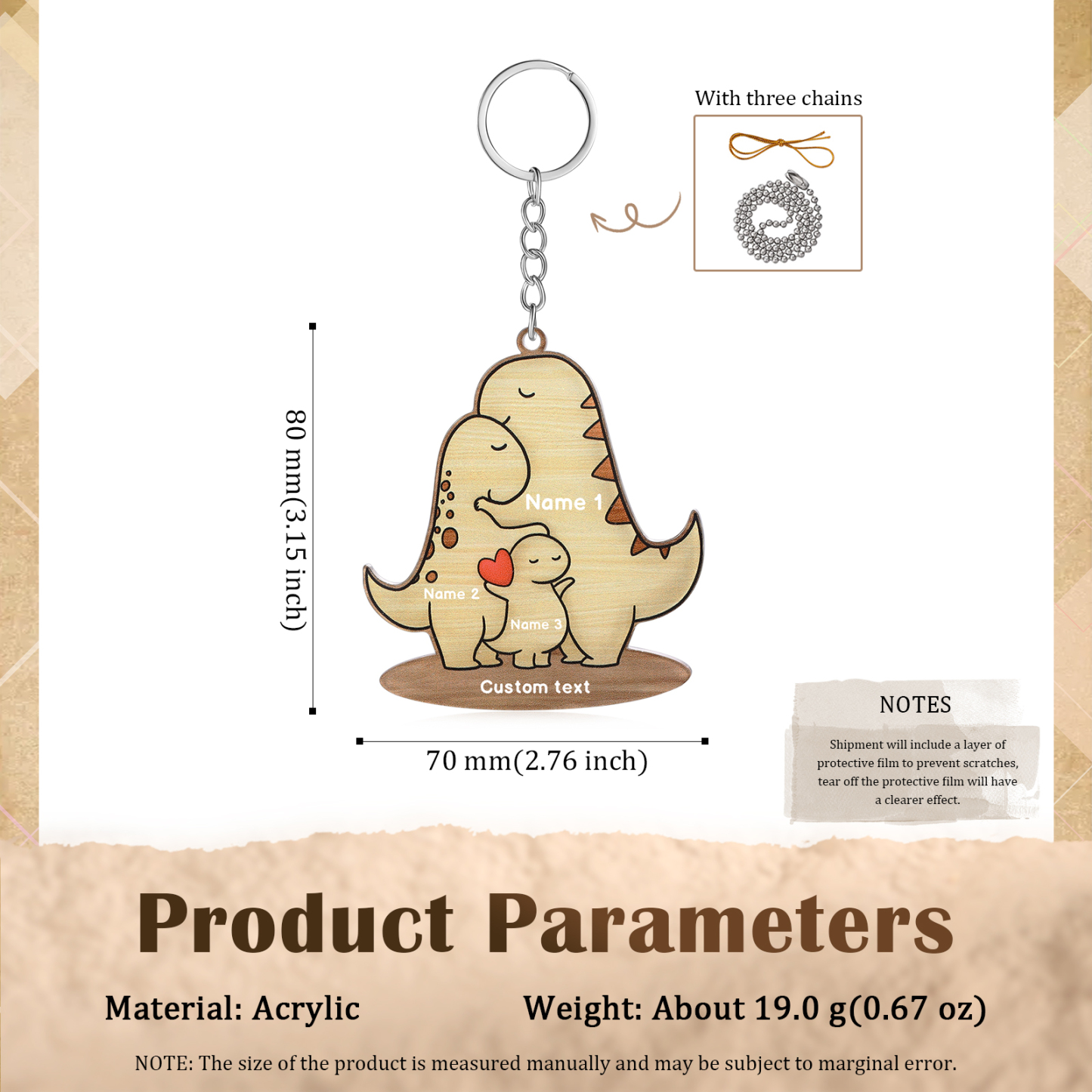 3 Names - Personalised Acrylic Dinosaur Keychain Custom Text & Name Ornament Gifts for Father/Mother-Jessemade AU