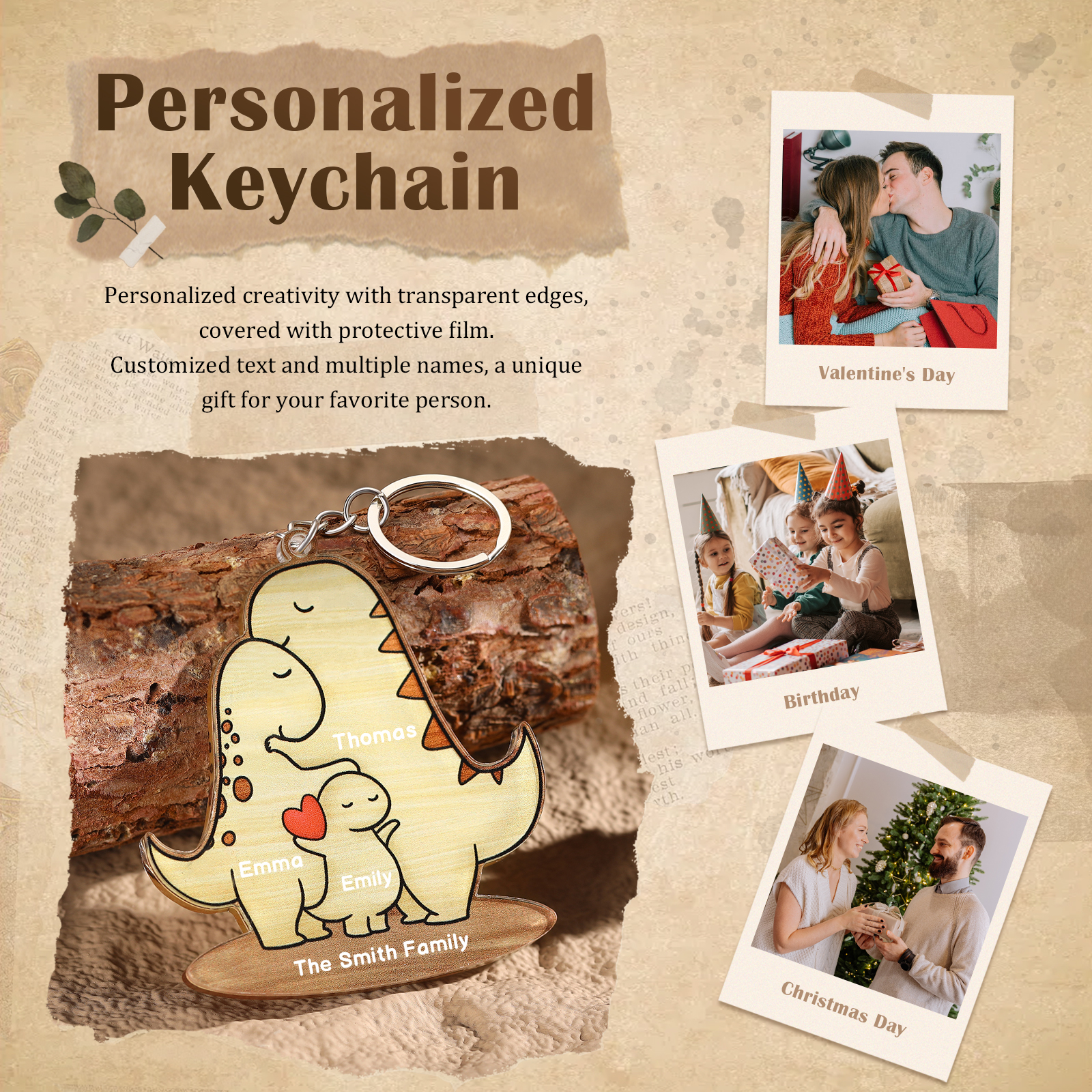 3 Names - Personalised Acrylic Dinosaur Keychain Custom Text & Name Ornament Gifts for Father/Mother-Jessemade AU