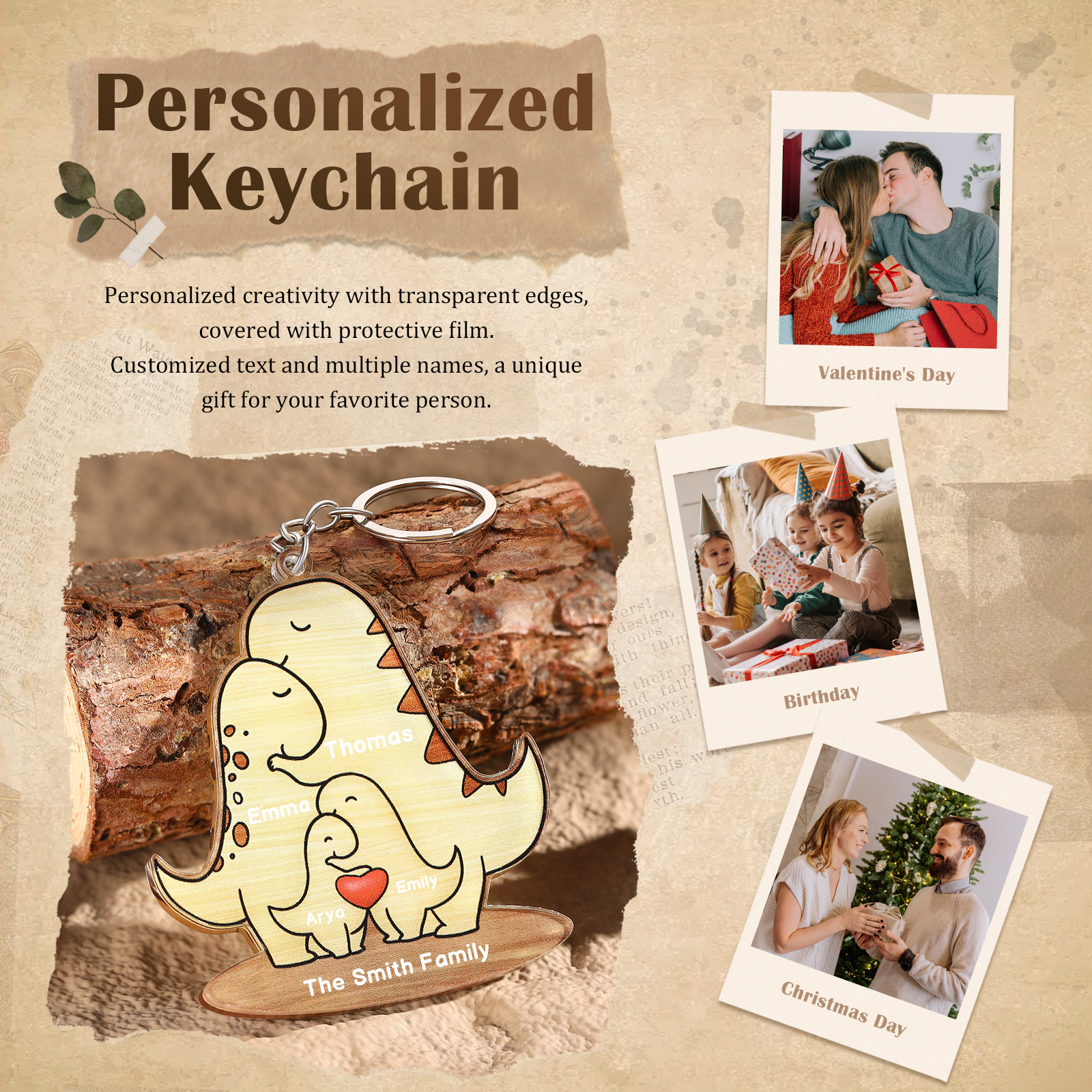 4 Names - Personalised Acrylic Dinosaur Keychain Custom Text & Name Ornament Gifts for Father/Mother-Jessemade AU