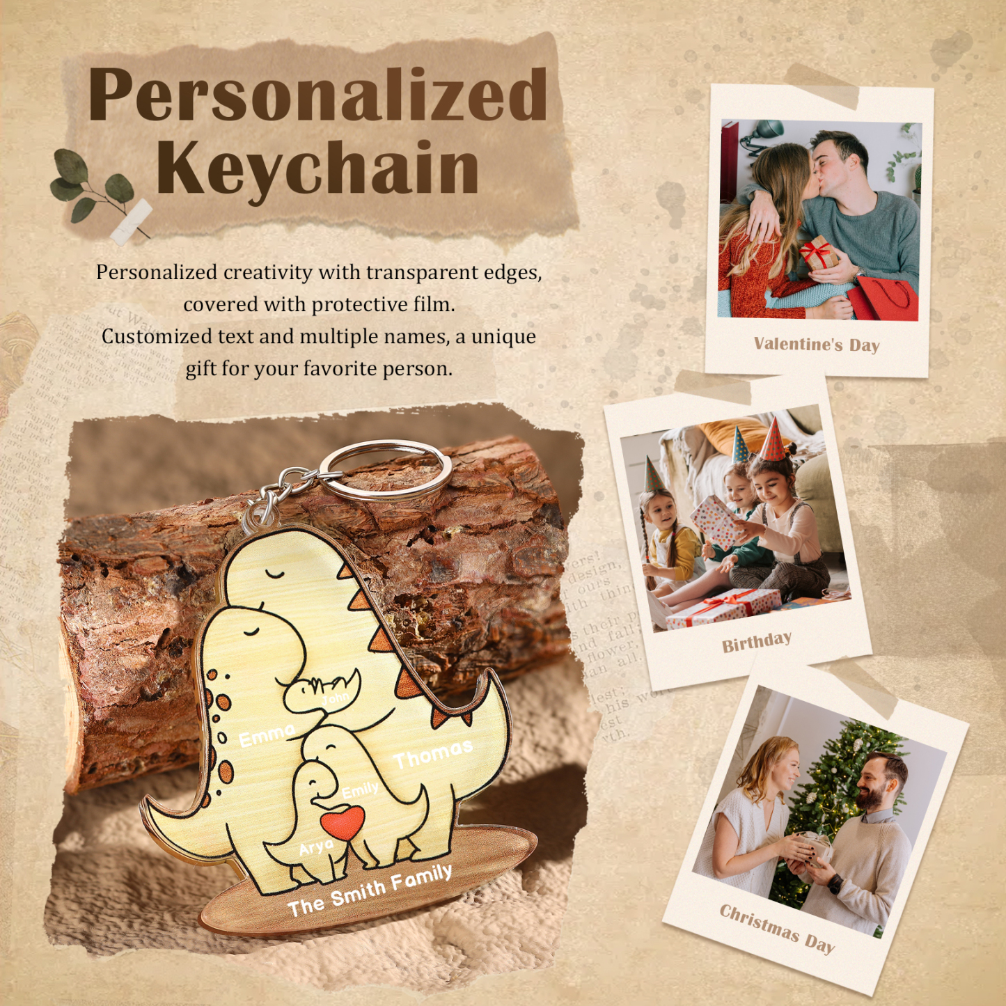 5 Names - Personalised Acrylic Dinosaur Keychain Custom Text & Name Ornament Gifts for Father/Mother-Jessemade AU