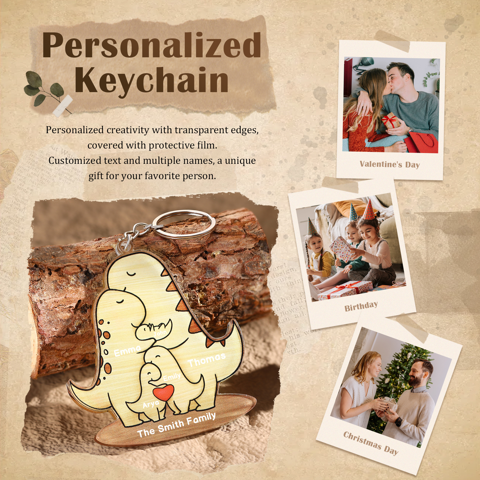 5 Names - Personalised Acrylic Dinosaur Keychain Custom Text & Name Ornament Gifts for Father/Mother-Jessemade AU