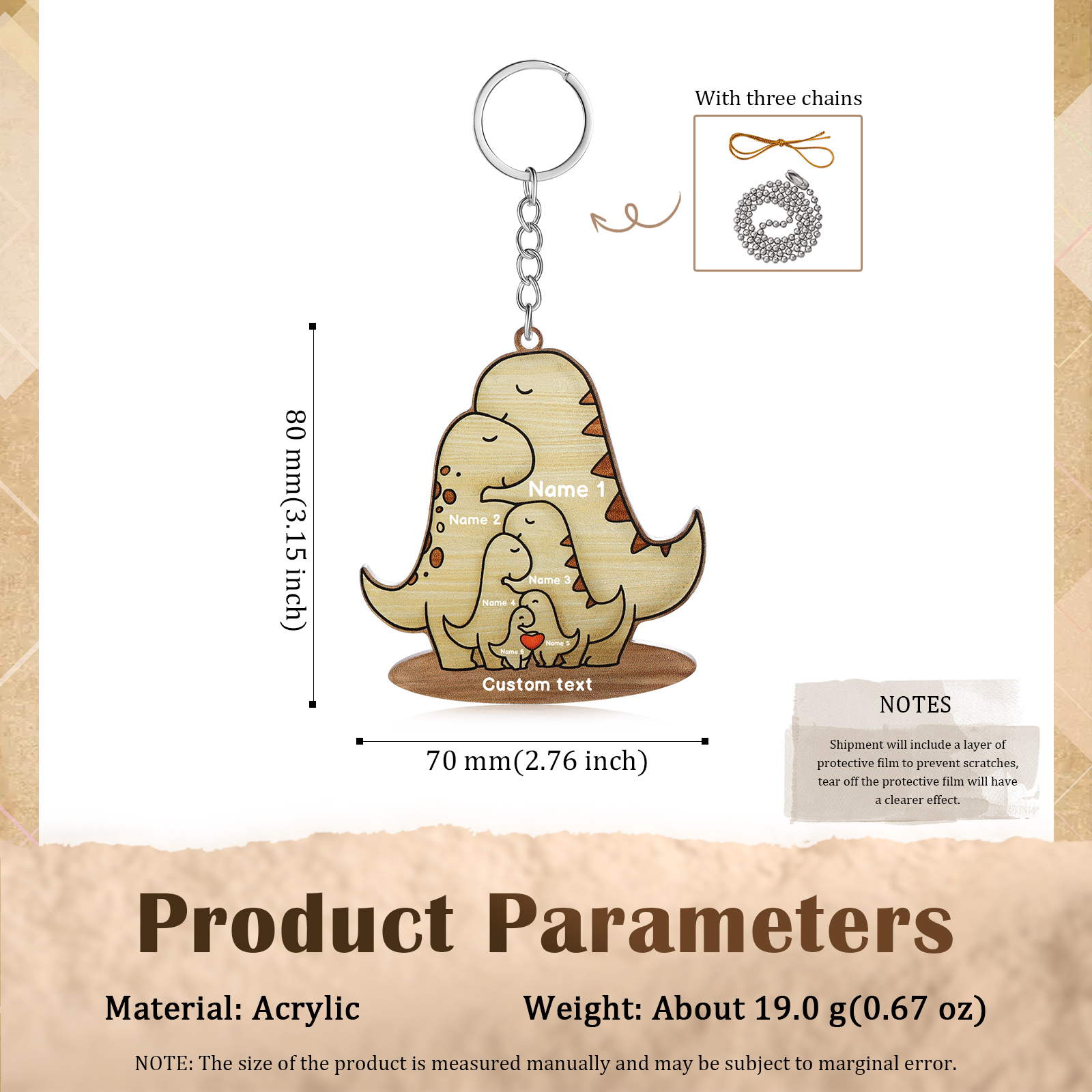 6 Names - Personalised Acrylic Dinosaur Keychain Custom Text & Name Ornament Gifts for Father/Mother-Jessemade AU