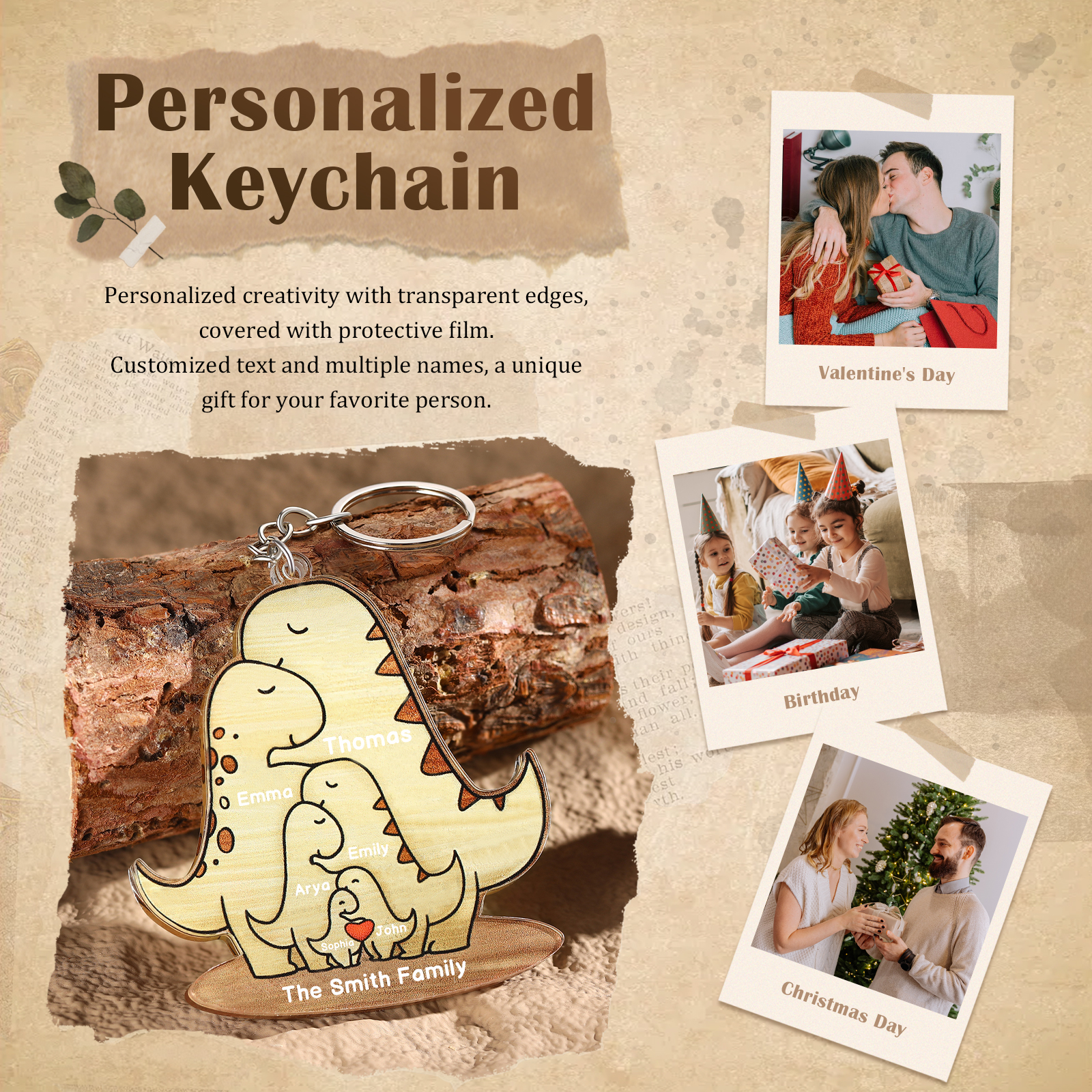 6 Names - Personalised Acrylic Dinosaur Keychain Custom Text & Name Ornament Gifts for Father/Mother-Jessemade AU