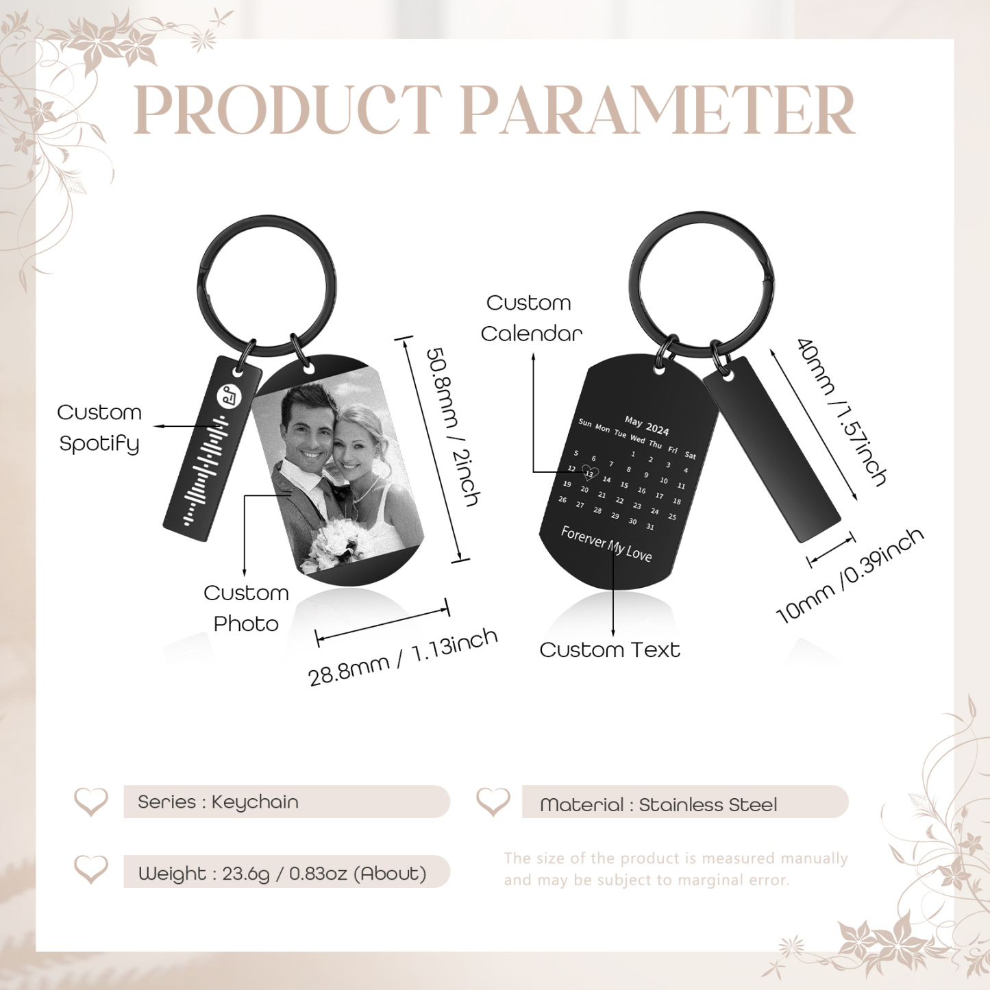 Personalised Calendar & Photo & Text & Spotify Code Keychain Custom Music Keyring Black Gifts for Couple | Jessammade -Jessemade AU