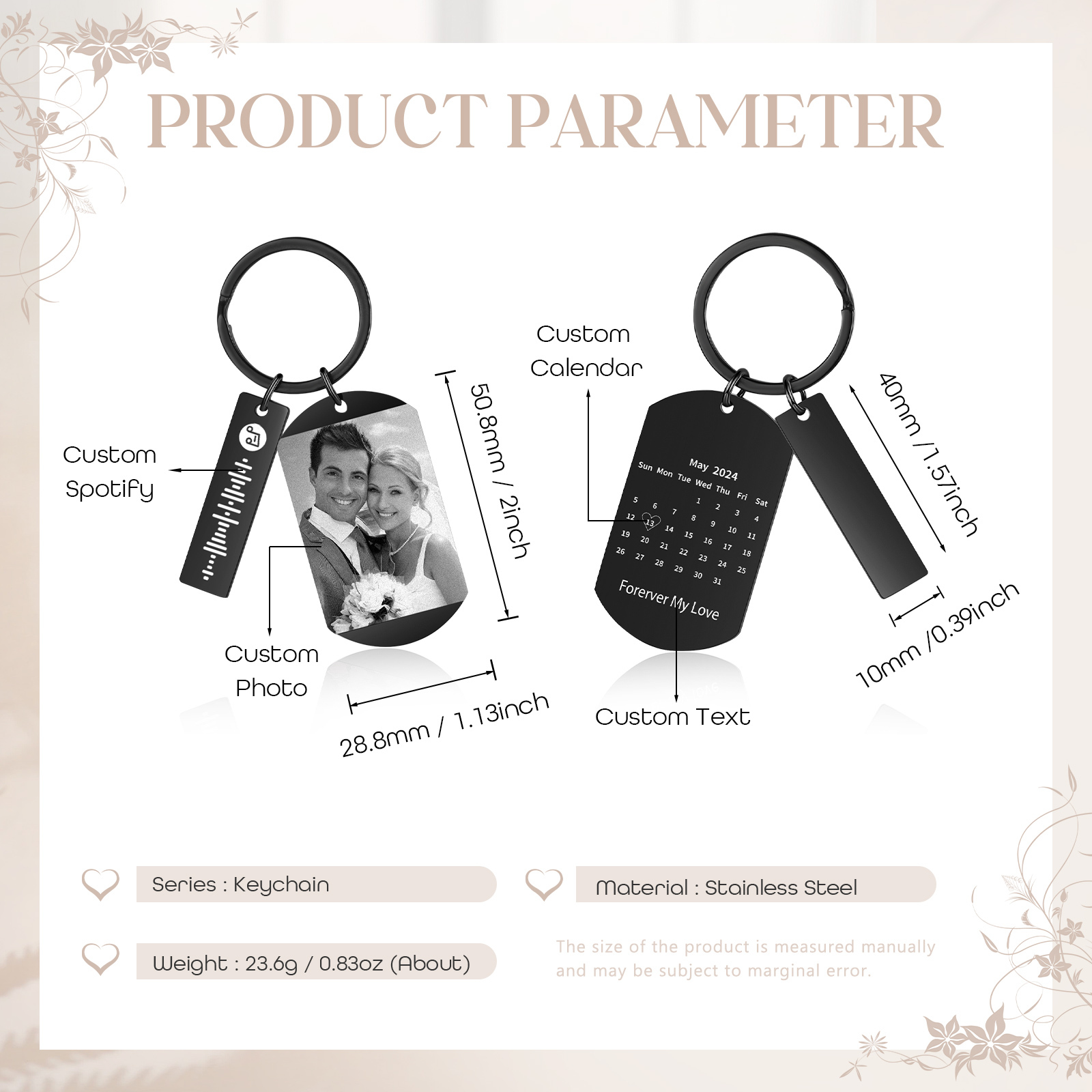 Personalised Calendar & Photo & Text & Spotify Code Keychain Custom Music Keyring Black Gifts for Couple | Jessammade -Jessemade AU