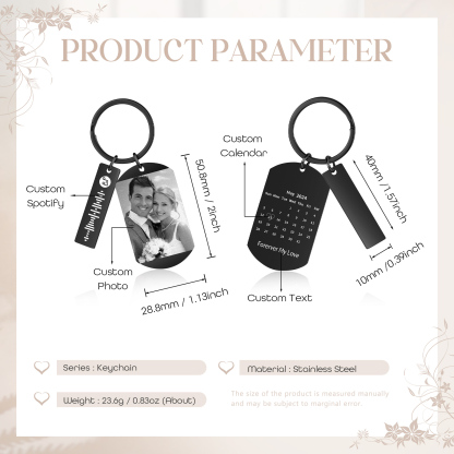 Personalised Calendar & Photo & Text & Spotify Code Keychain Custom Music Keyring Black Gifts for Couple | Jessammade -Jessemade AU