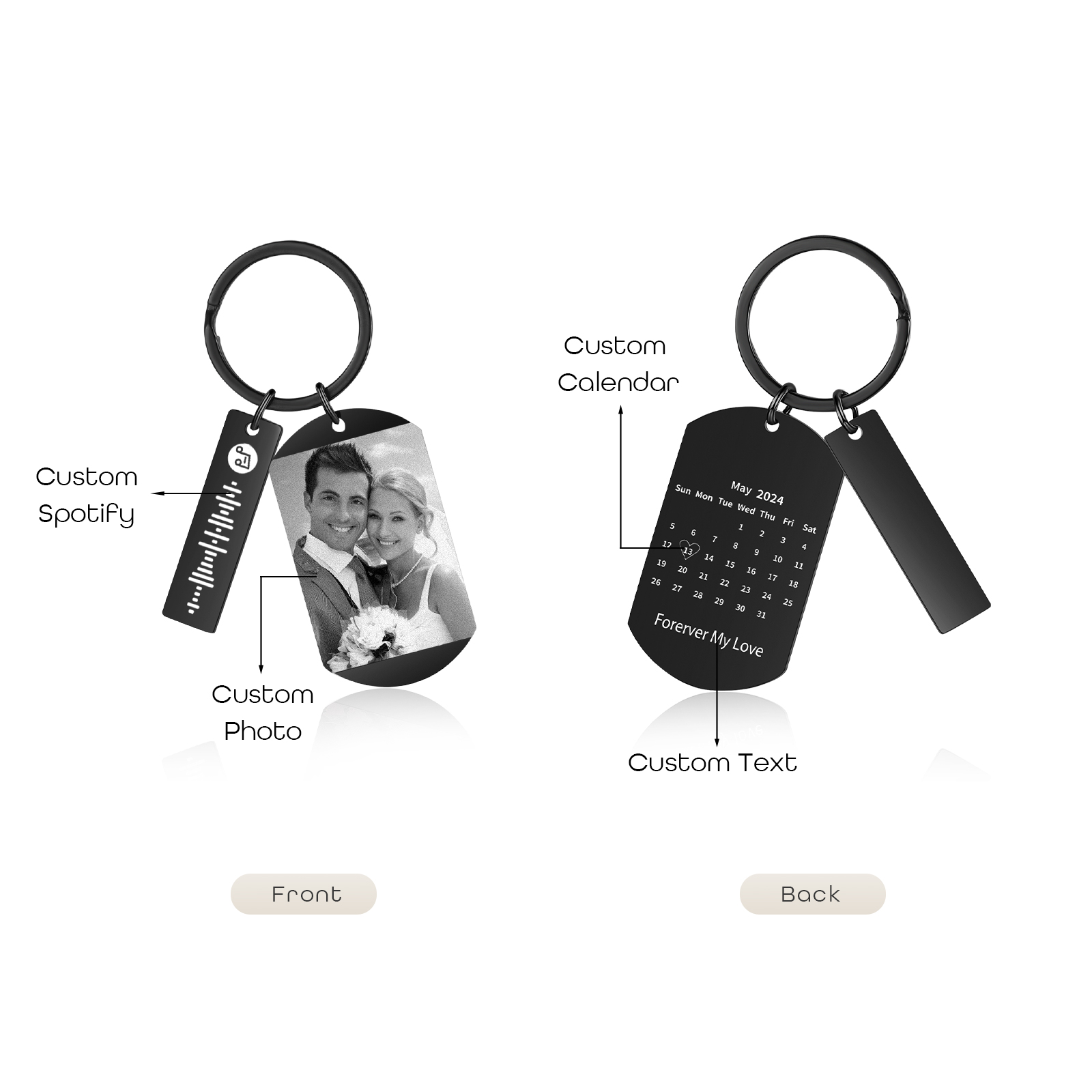 Personalised Calendar & Photo & Text & Spotify Code Keychain Custom Music Keyring Black Gifts for Couple | Jessammade -Jessemade AU