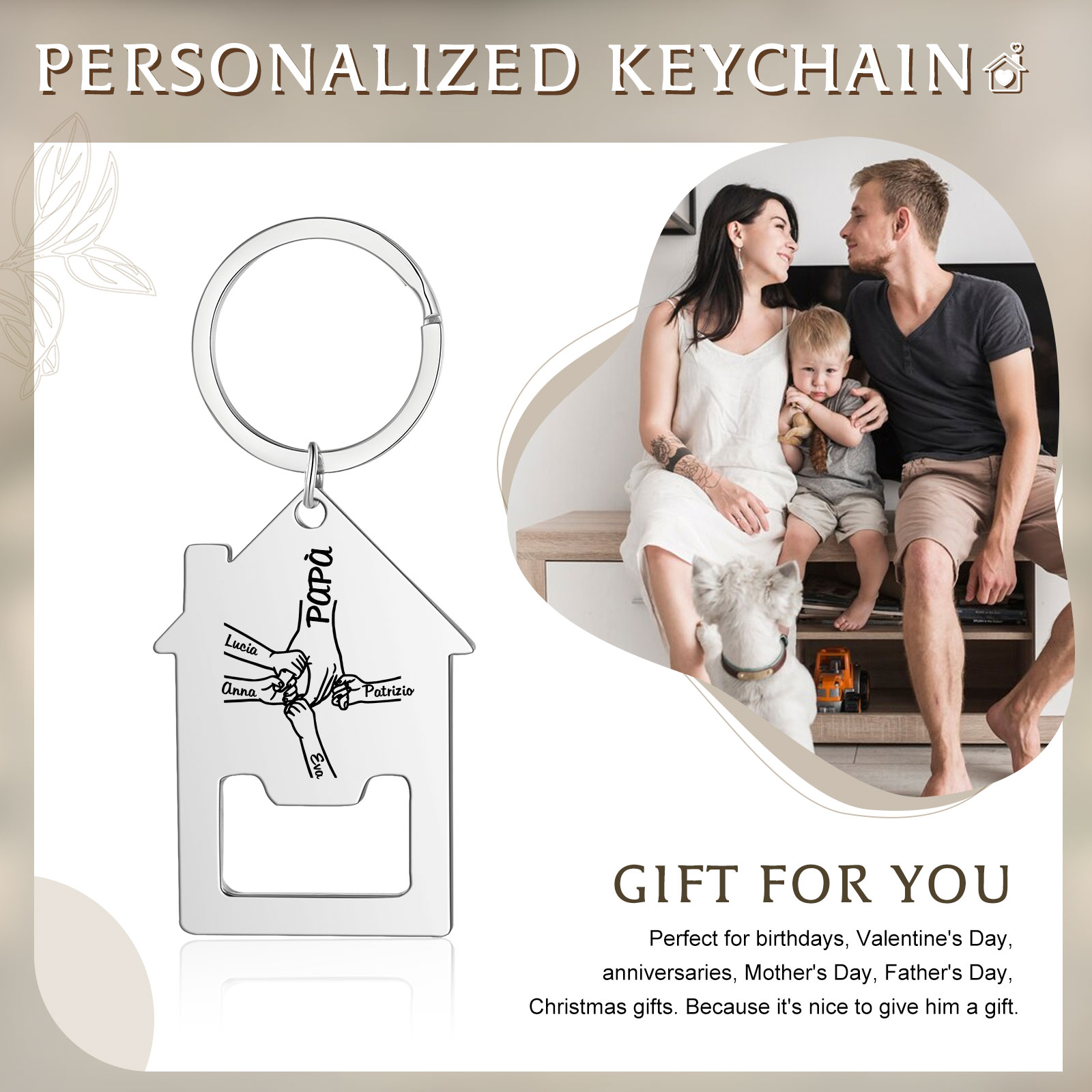 Personalised Holding Hands Keychain Custom 2–5 Names Bottle Opener House-Shaped Keyring Gifts for Family-Jessemade AU