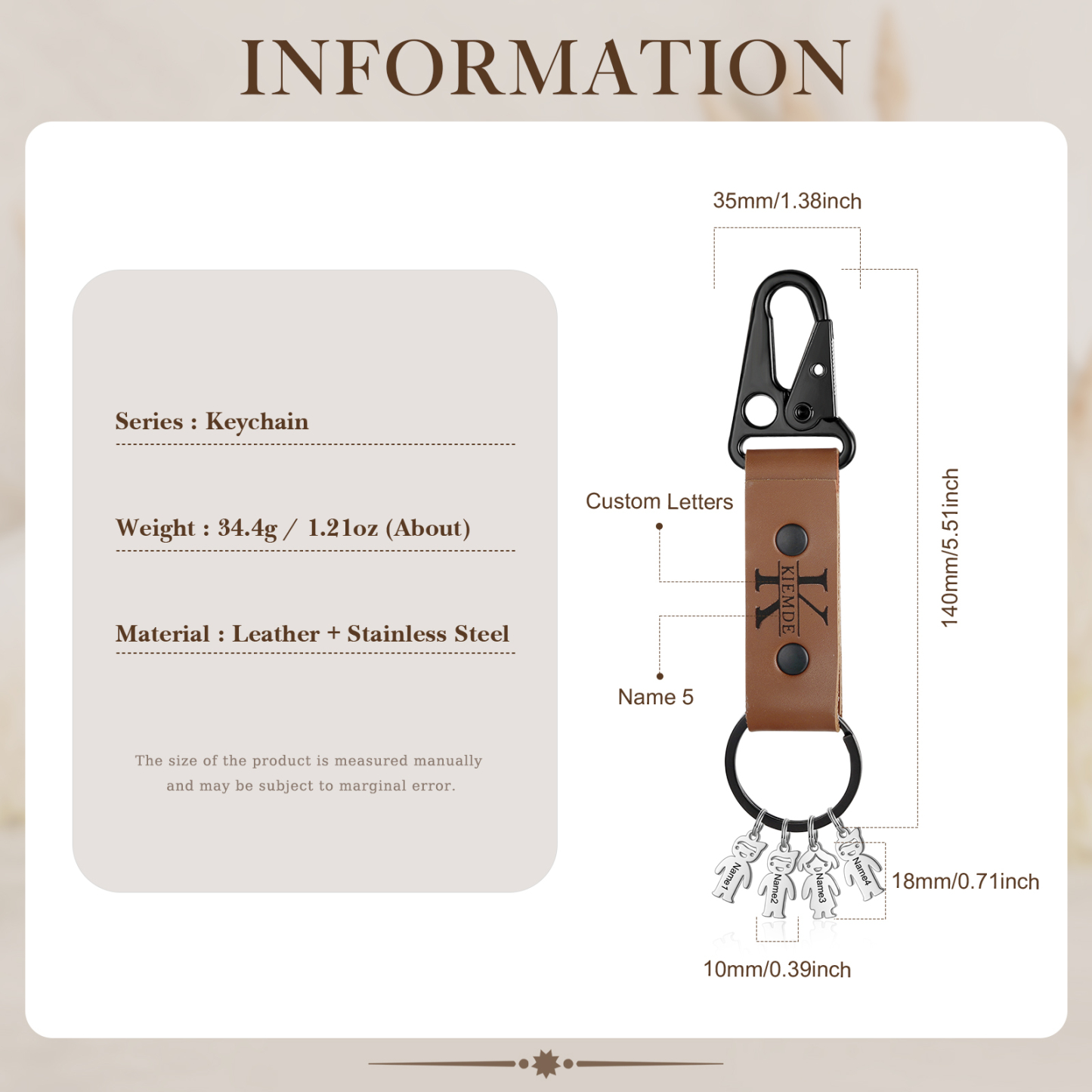 Personalised Men Leather Keychain Custom 2-7 Names & 1 Letter Keyring Gift for Dad/Grandpa | Jessemade-Jessemade AU
