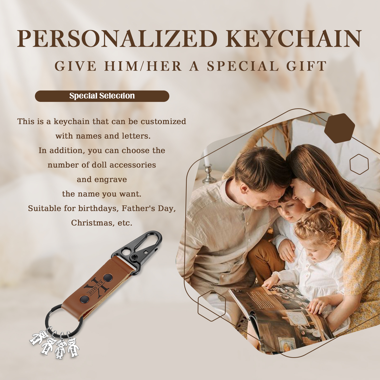 Personalised Men Leather Keychain Custom 2-7 Names & 1 Letter Keyring Gift for Dad/Grandpa | Jessemade-Jessemade AU