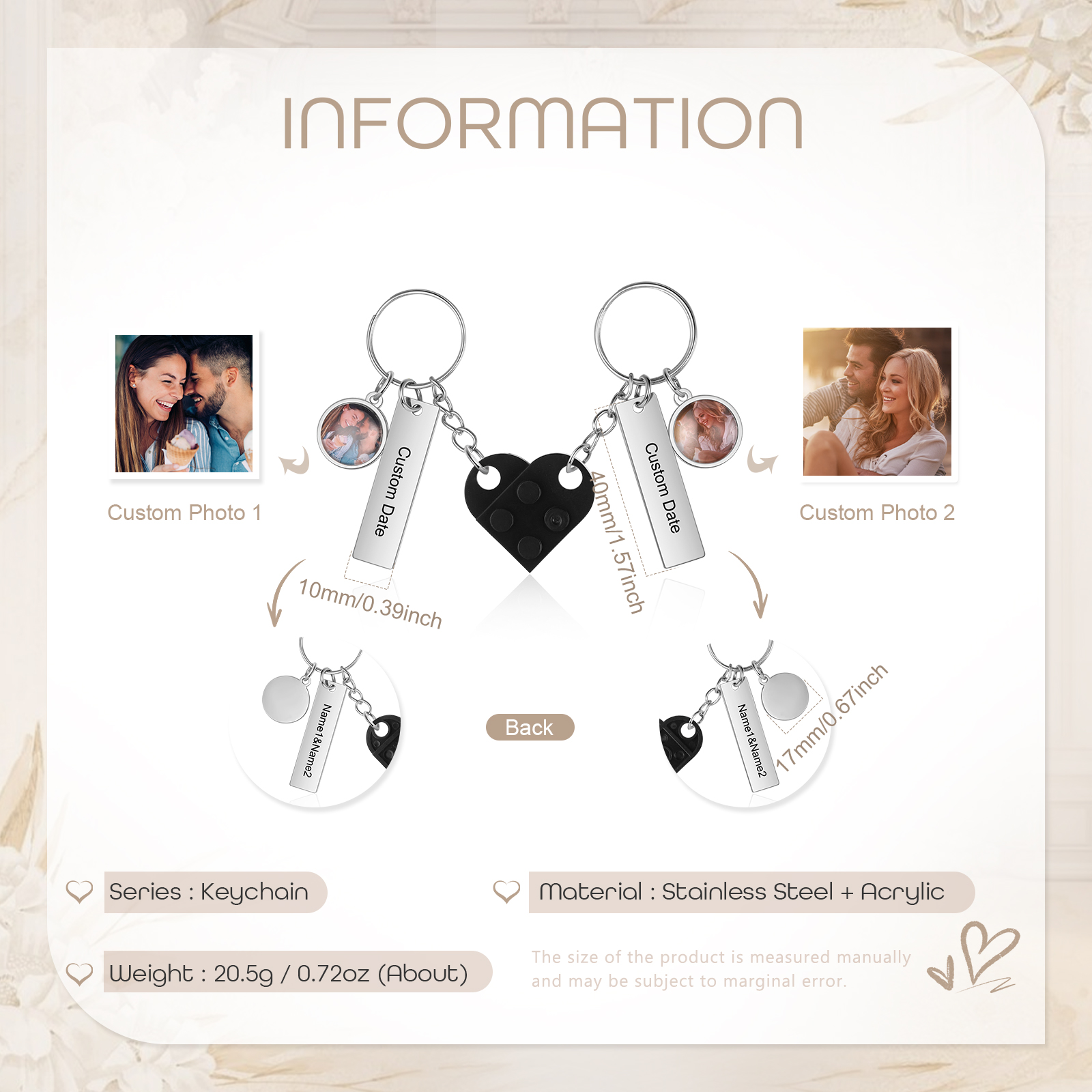 Brick Heart Matching Keychain Set Custom 2 Names & Date Couple Keychain Valentine's Day Keyring Gifts-Jessemade AU