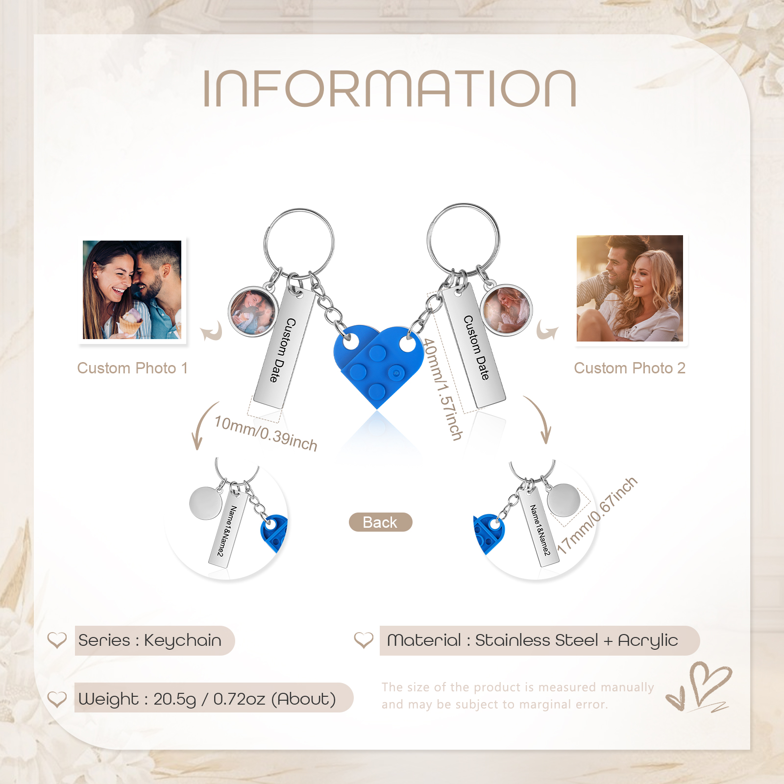 Brick Heart Matching Keychain Set Custom 2 Names & Date Couple Keychain Valentine's Day Keyring Gifts-Jessemade AU
