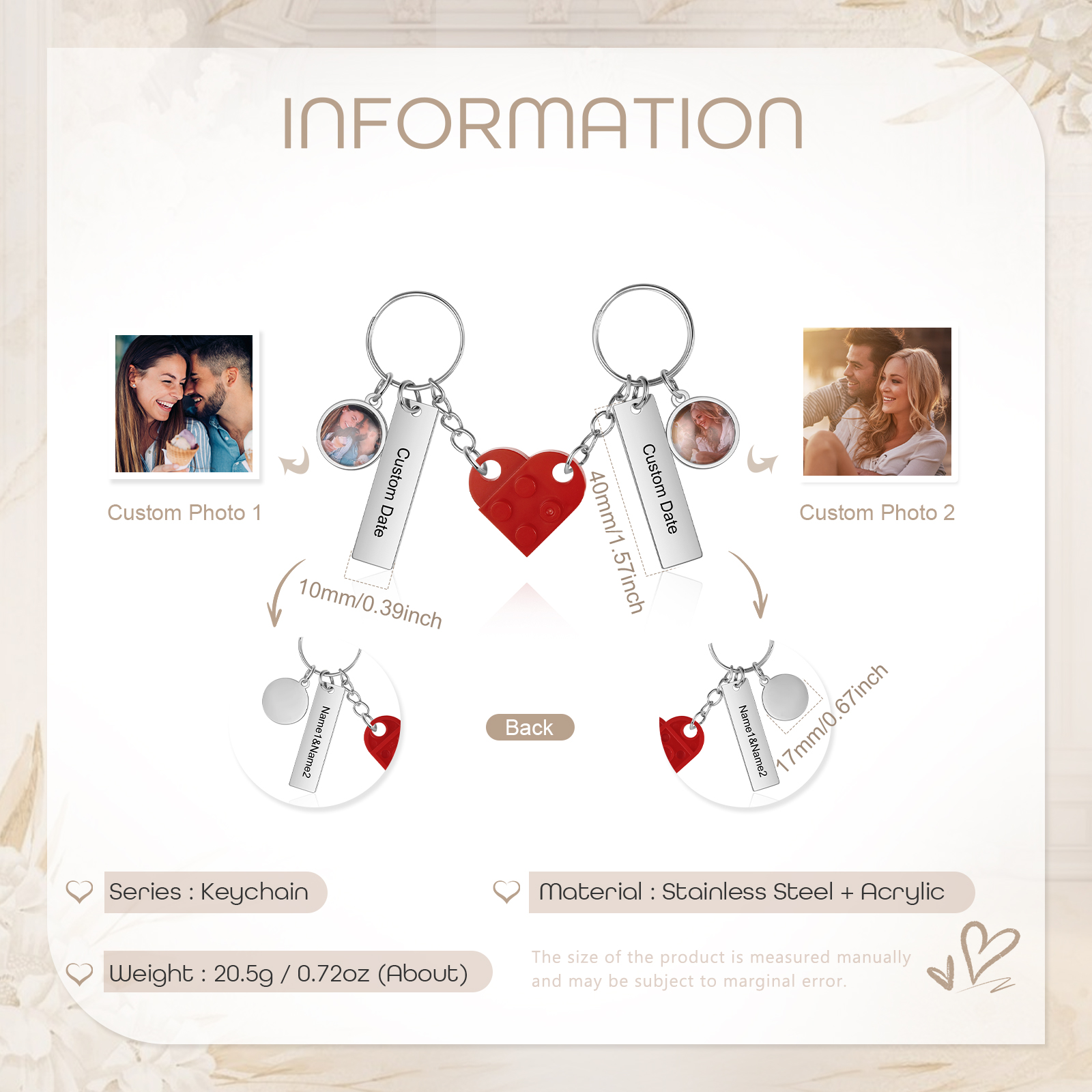 Brick Heart Matching Keychain Set Custom 2 Names & Date Couple Keychain Valentine's Day Keyring Gifts-Jessemade AU