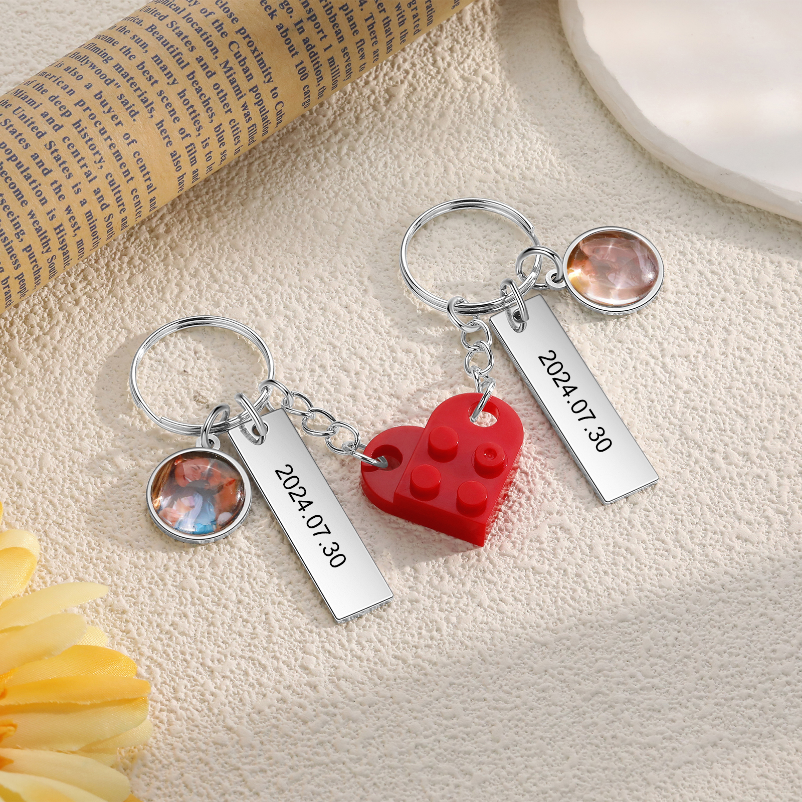 Brick Heart Matching Keychain Set Custom 2 Names & Date Couple Keychain Valentine's Day Keyring Gifts-Jessemade AU