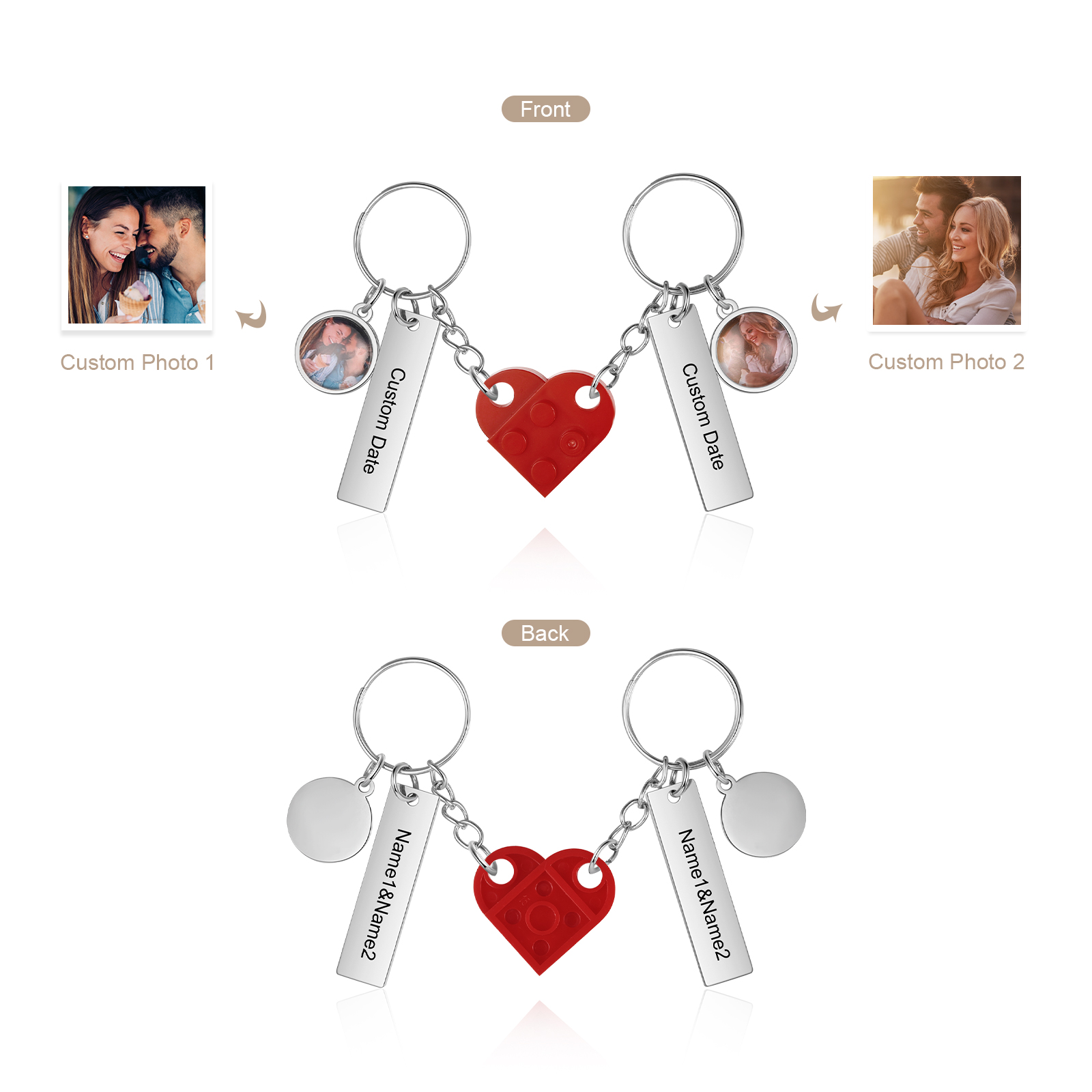 Brick Heart Matching Keychain Set Custom 2 Names & Date Couple Keychain Valentine's Day Keyring Gifts-Jessemade AU