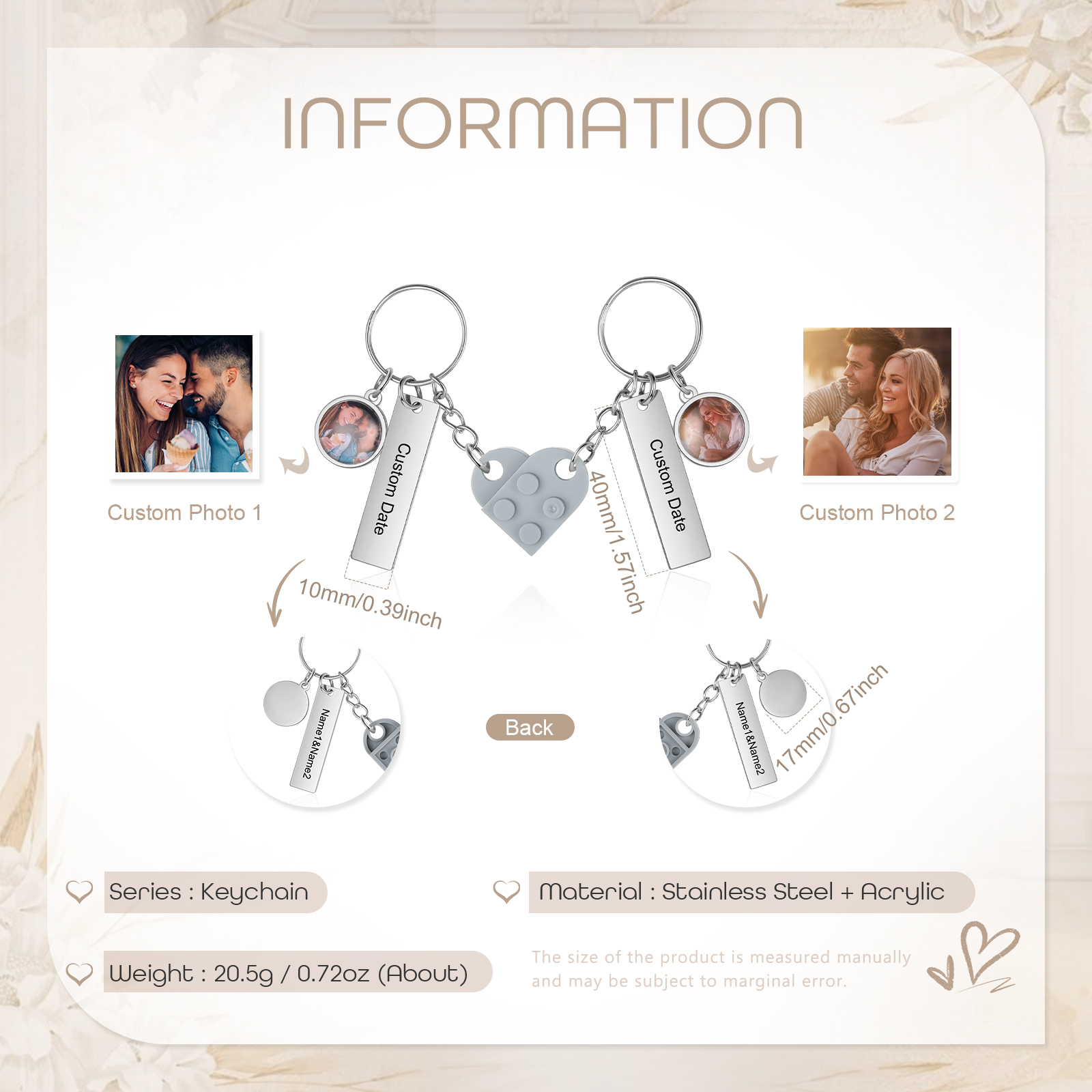 Brick Heart Matching Keychain Set Custom 2 Names & Date Couple Keychain Valentine's Day Keyring Gifts-Jessemade AU