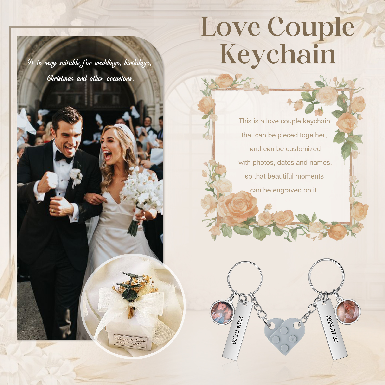 Brick Heart Matching Keychain Set Custom 2 Names & Date Couple Keychain Valentine's Day Keyring Gifts-Jessemade AU