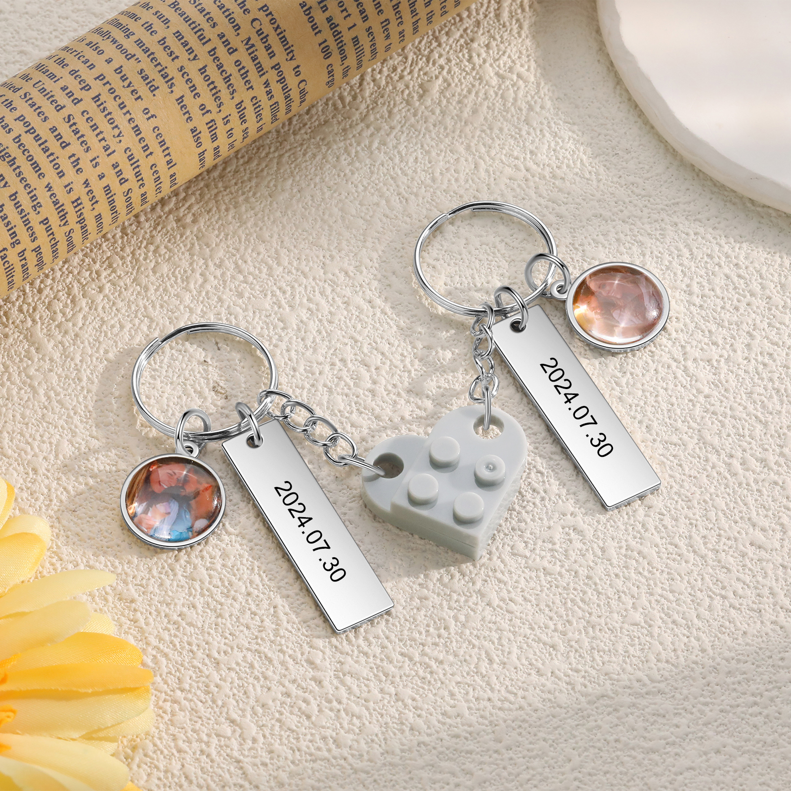 Brick Heart Matching Keychain Set Custom 2 Names & Date Couple Keychain Valentine's Day Keyring Gifts-Jessemade AU