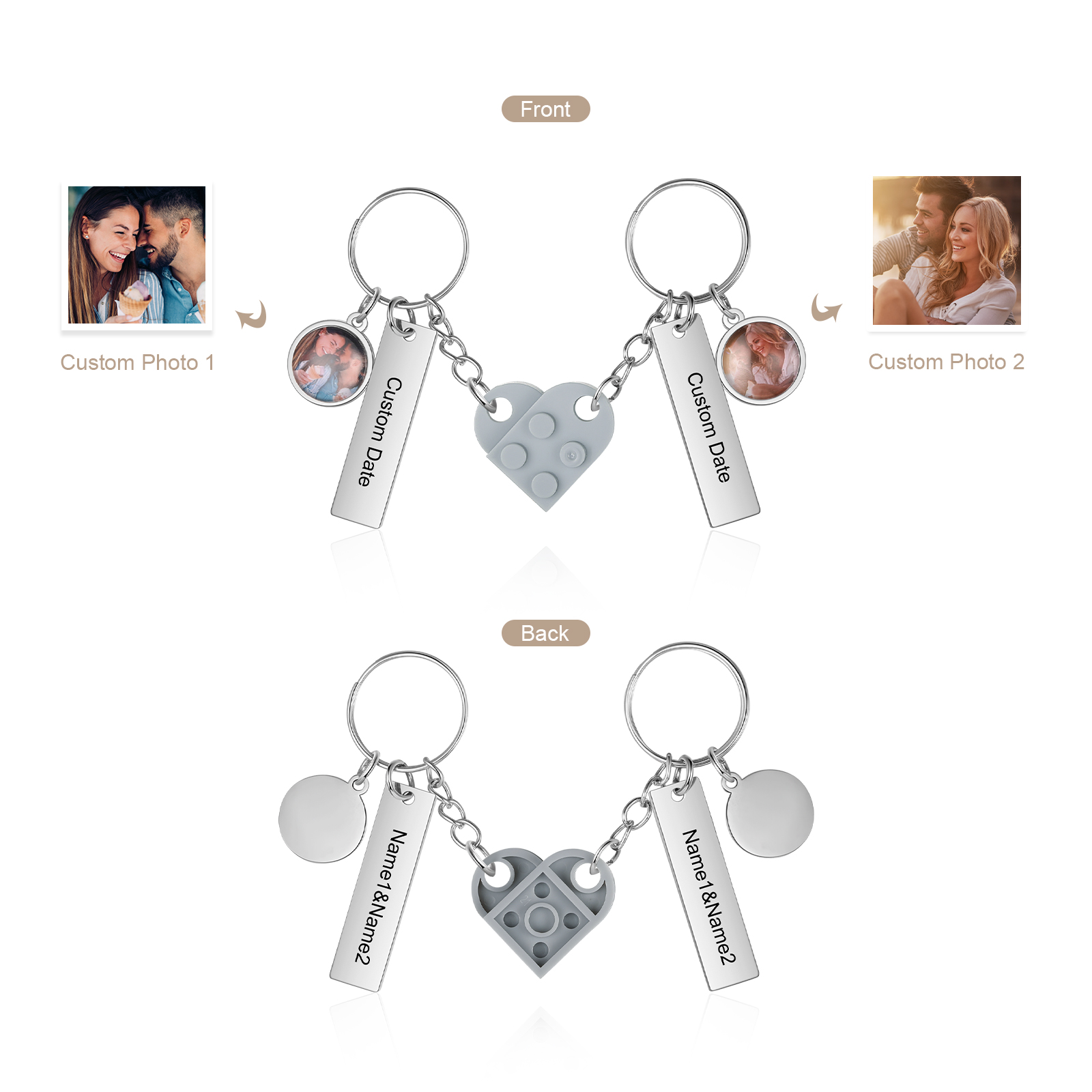 Brick Heart Matching Keychain Set Custom 2 Names & Date Couple Keychain Valentine's Day Keyring Gifts-Jessemade AU