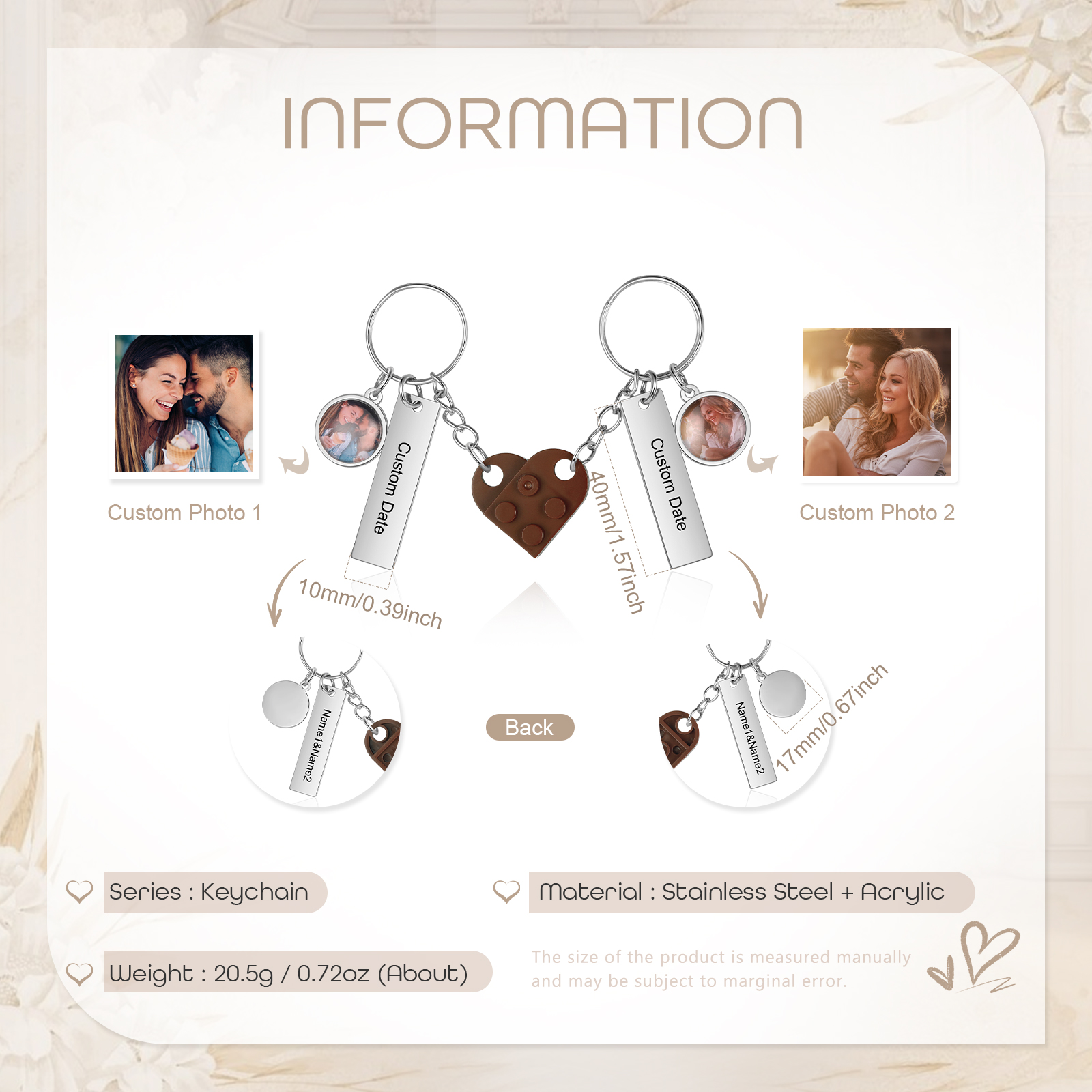Brick Heart Matching Keychain Set Custom 2 Names & Date Couple Keychain Valentine's Day Keyring Gifts-Jessemade AU