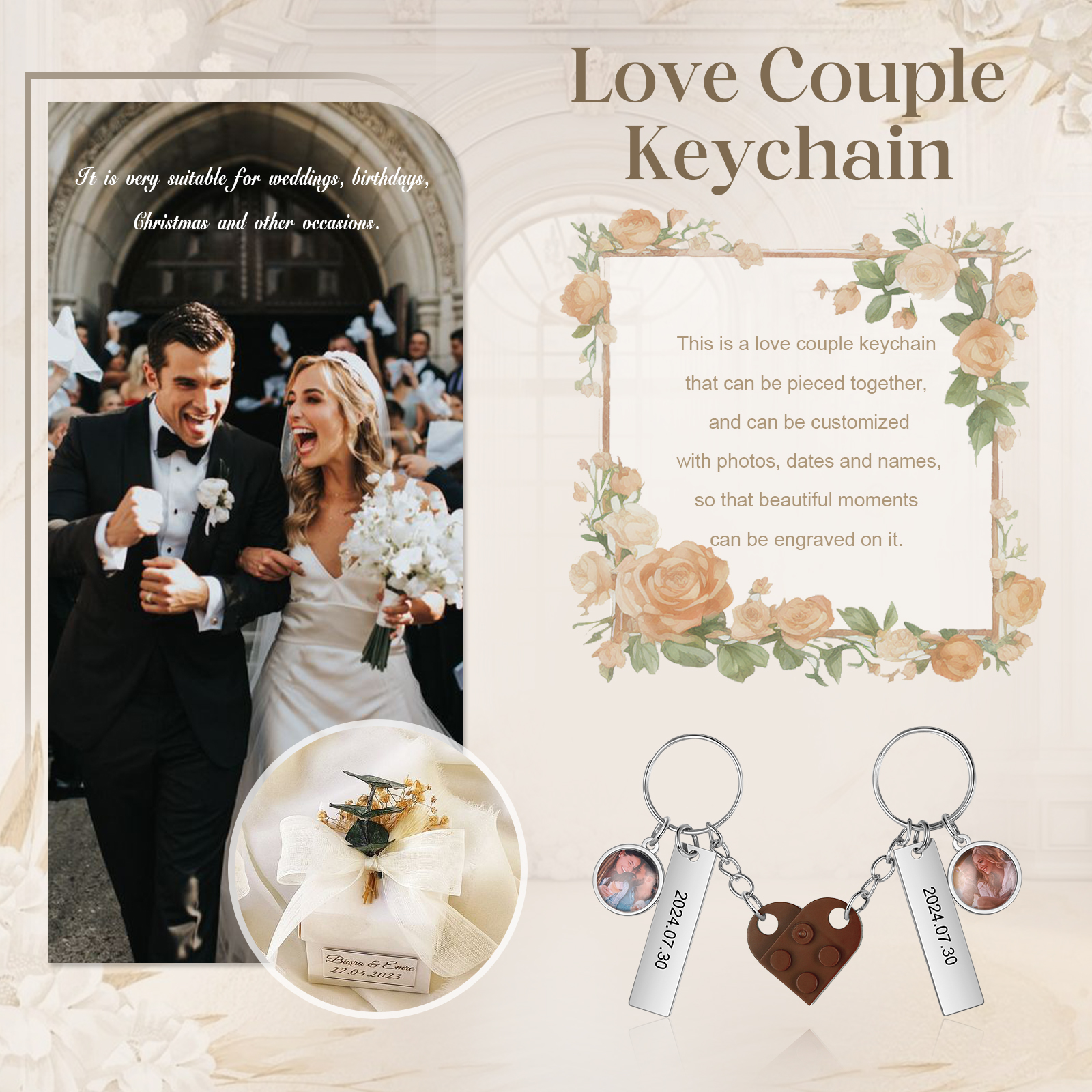 Brick Heart Matching Keychain Set Custom 2 Names & Date Couple Keychain Valentine's Day Keyring Gifts-Jessemade AU