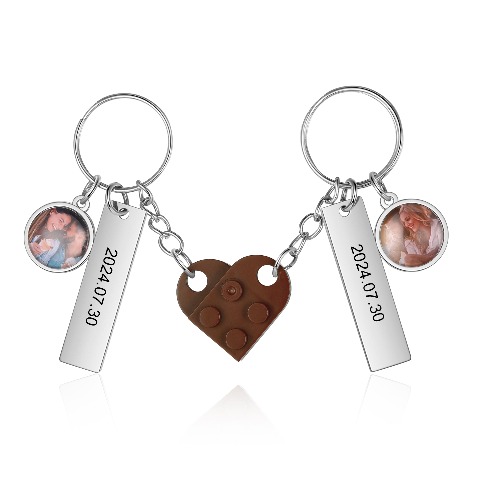 Brick Heart Matching Keychain Set Custom 2 Names & Date Couple Keychain Valentine's Day Keyring Gifts-Jessemade AU