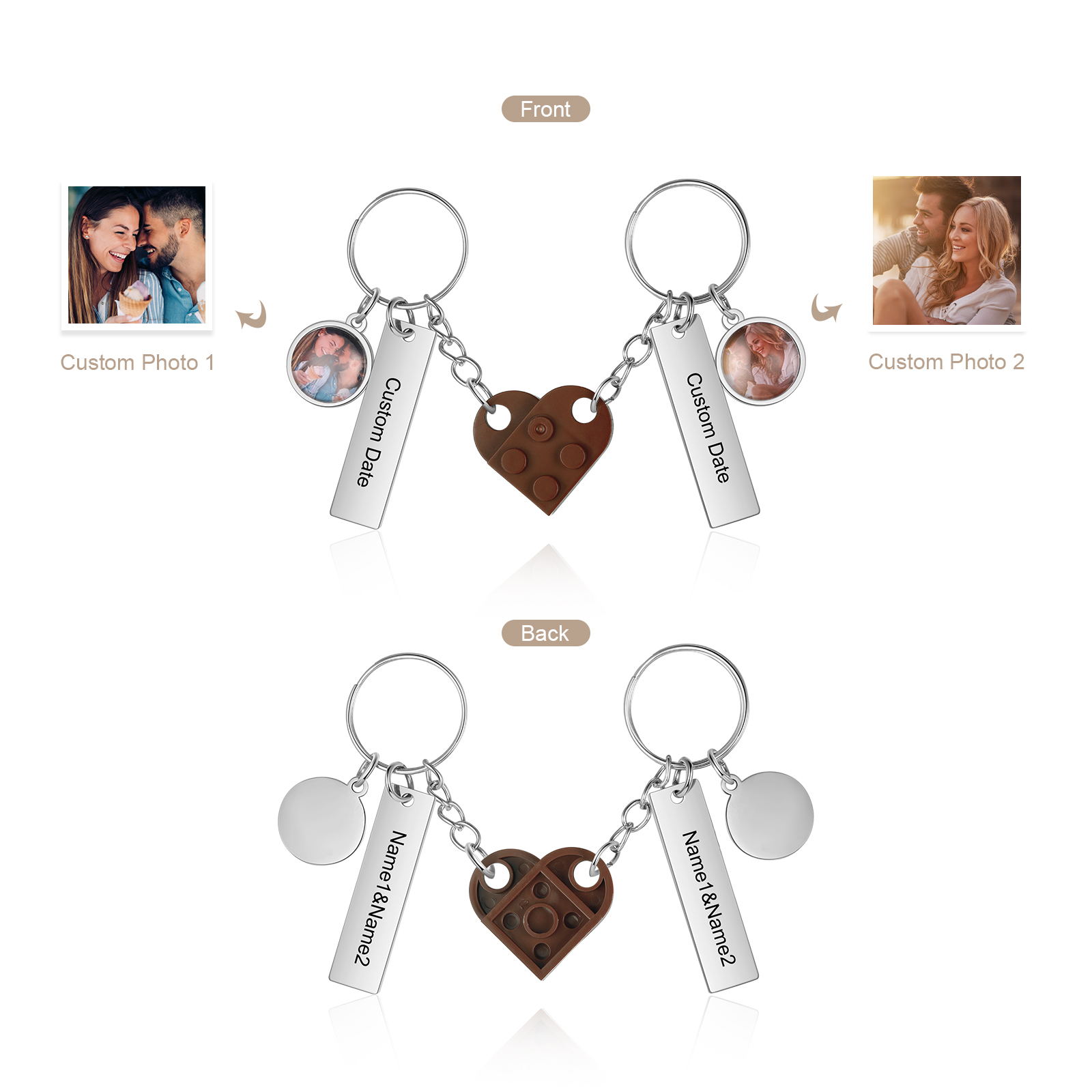 Brick Heart Matching Keychain Set Custom 2 Names & Date Couple Keychain Valentine's Day Keyring Gifts-Jessemade AU