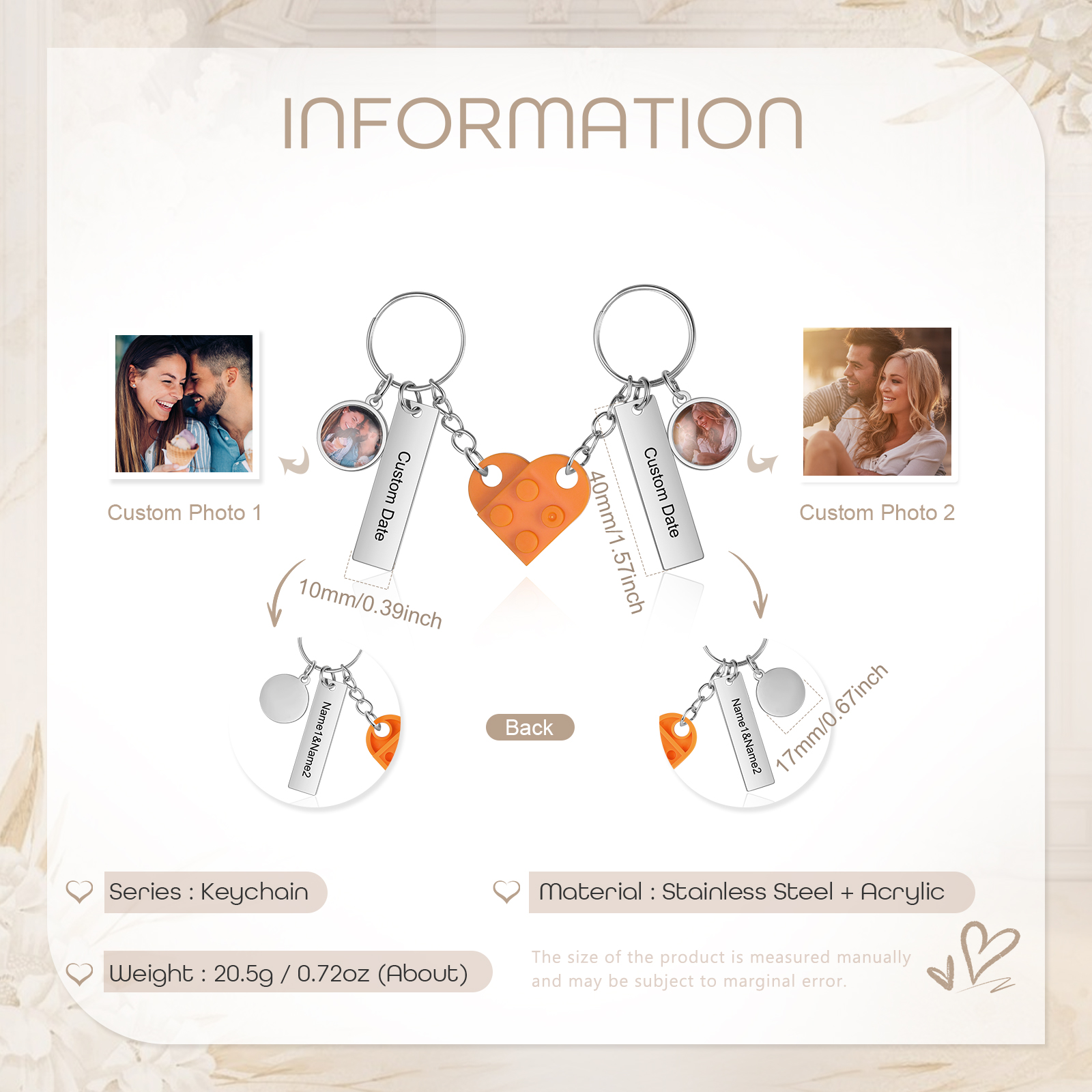 Brick Heart Matching Keychain Set Custom 2 Names & Date Couple Keychain Valentine's Day Keyring Gifts-Jessemade AU