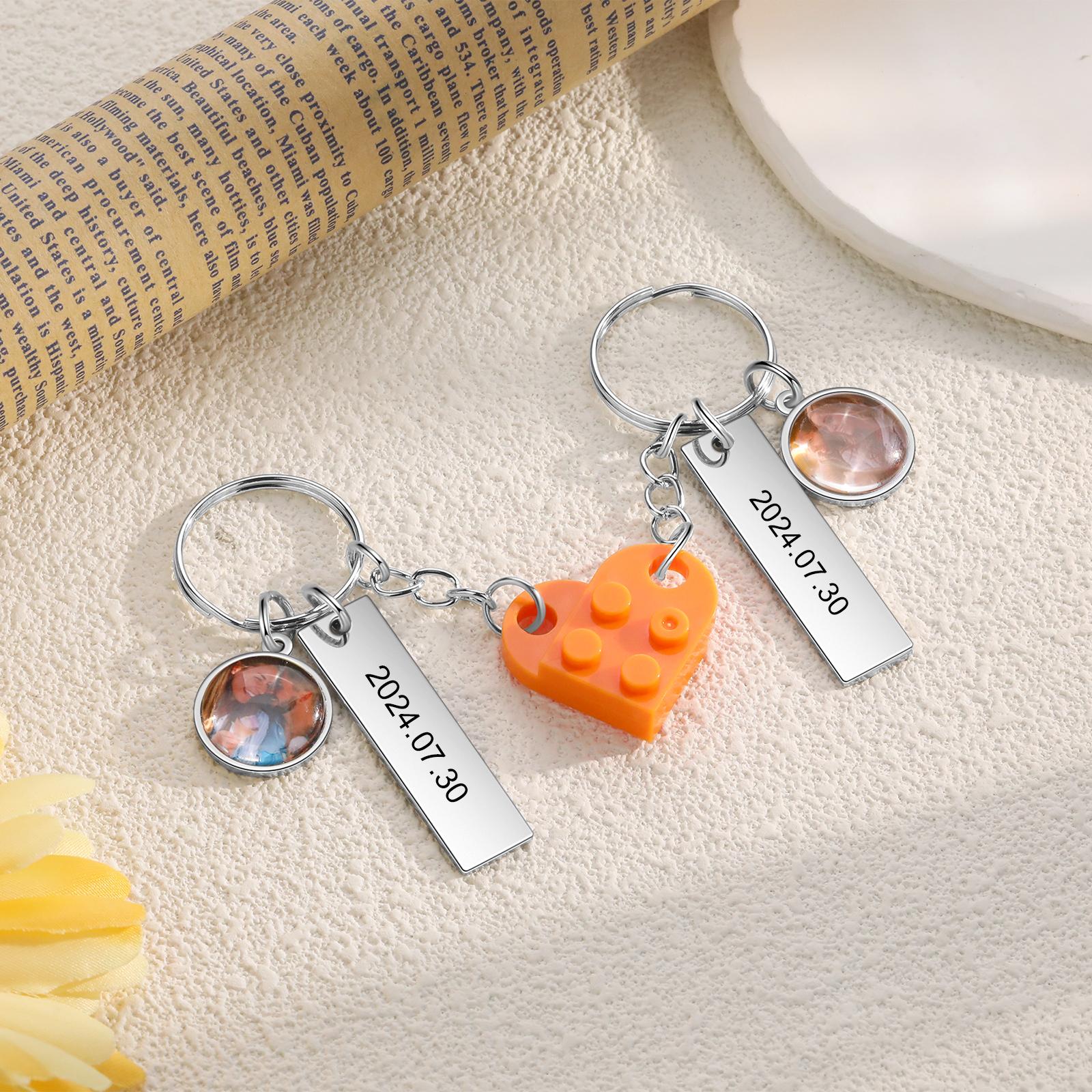 Brick Heart Matching Keychain Set Custom 2 Names & Date Couple Keychain Valentine's Day Keyring Gifts-Jessemade AU