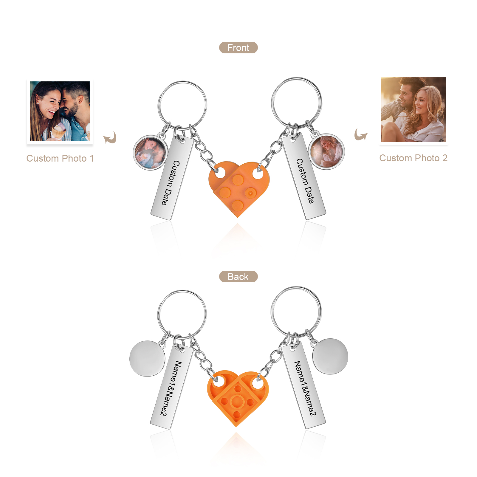 Brick Heart Matching Keychain Set Custom 2 Names & Date Couple Keychain Valentine's Day Keyring Gifts-Jessemade AU