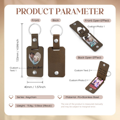 Personalised Leather Keychain Custom 2 Photos & 2 Texts Keyring Brown Gifts for Couple-Jessemade AU