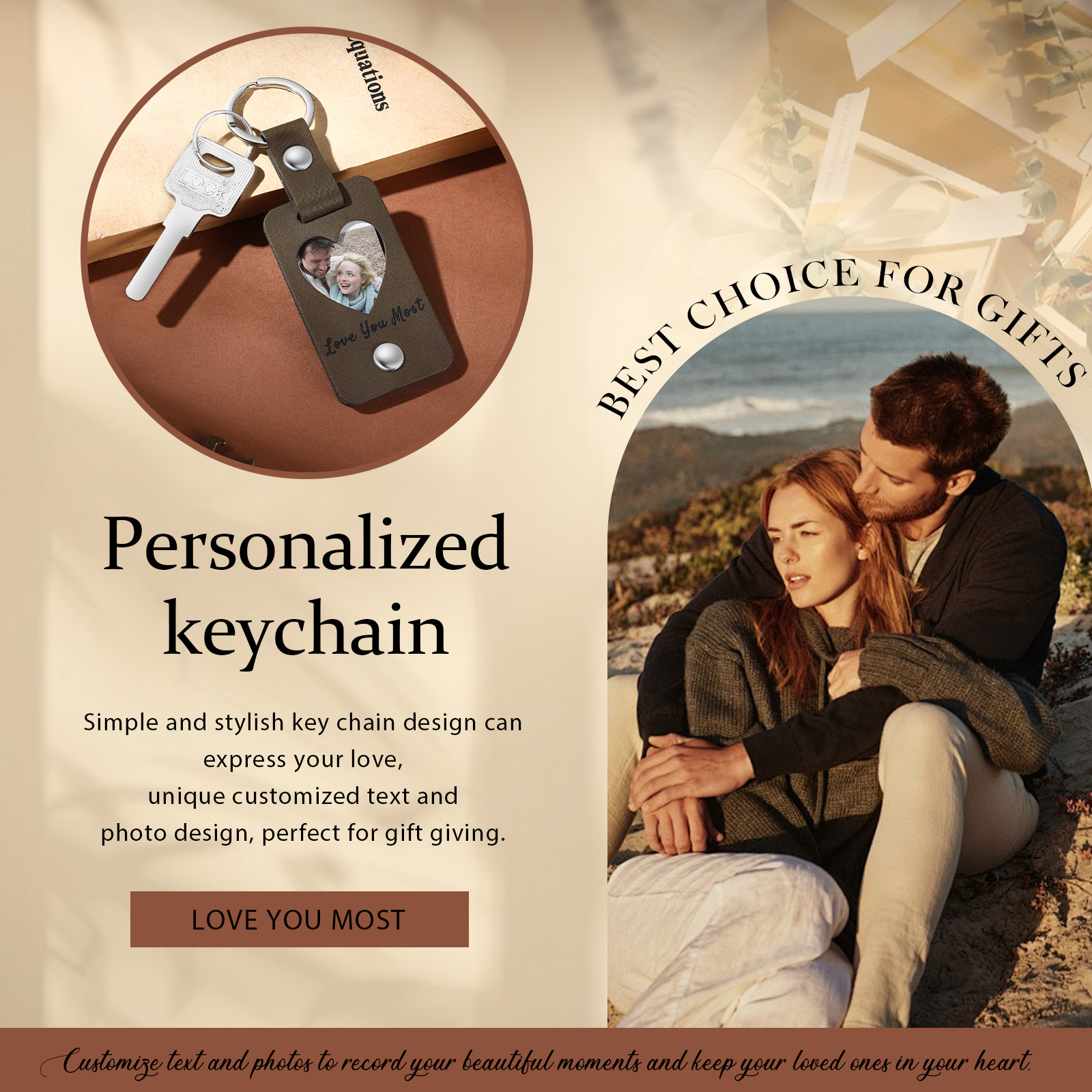 Personalised Leather Keychain Custom 2 Photos & 2 Texts Keyring Brown Gifts for Couple-Jessemade AU