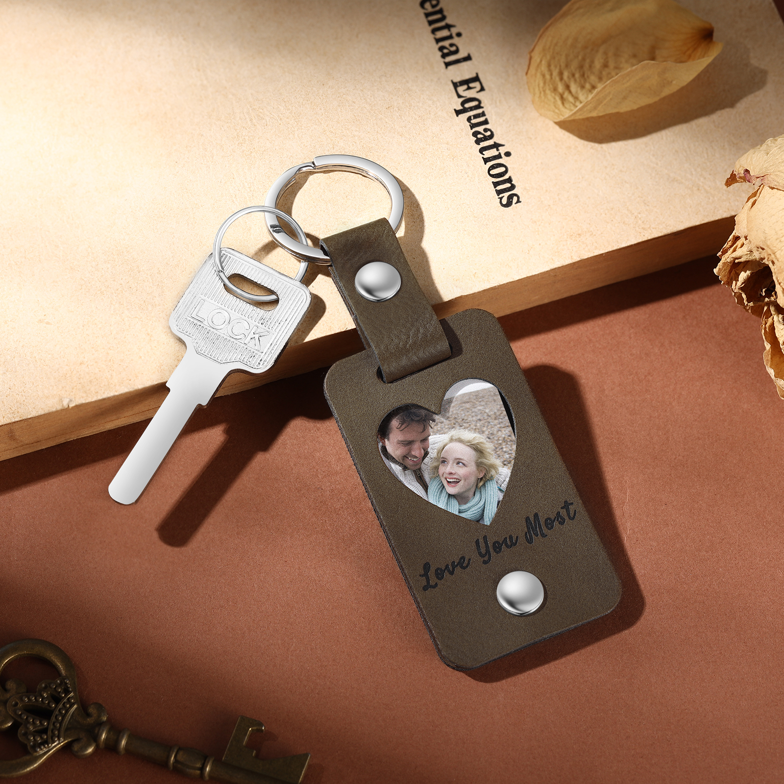 Personalized Leather Keychain Custom 2 Photos & 2 Texts Keyring Brown Gifts for Couple
