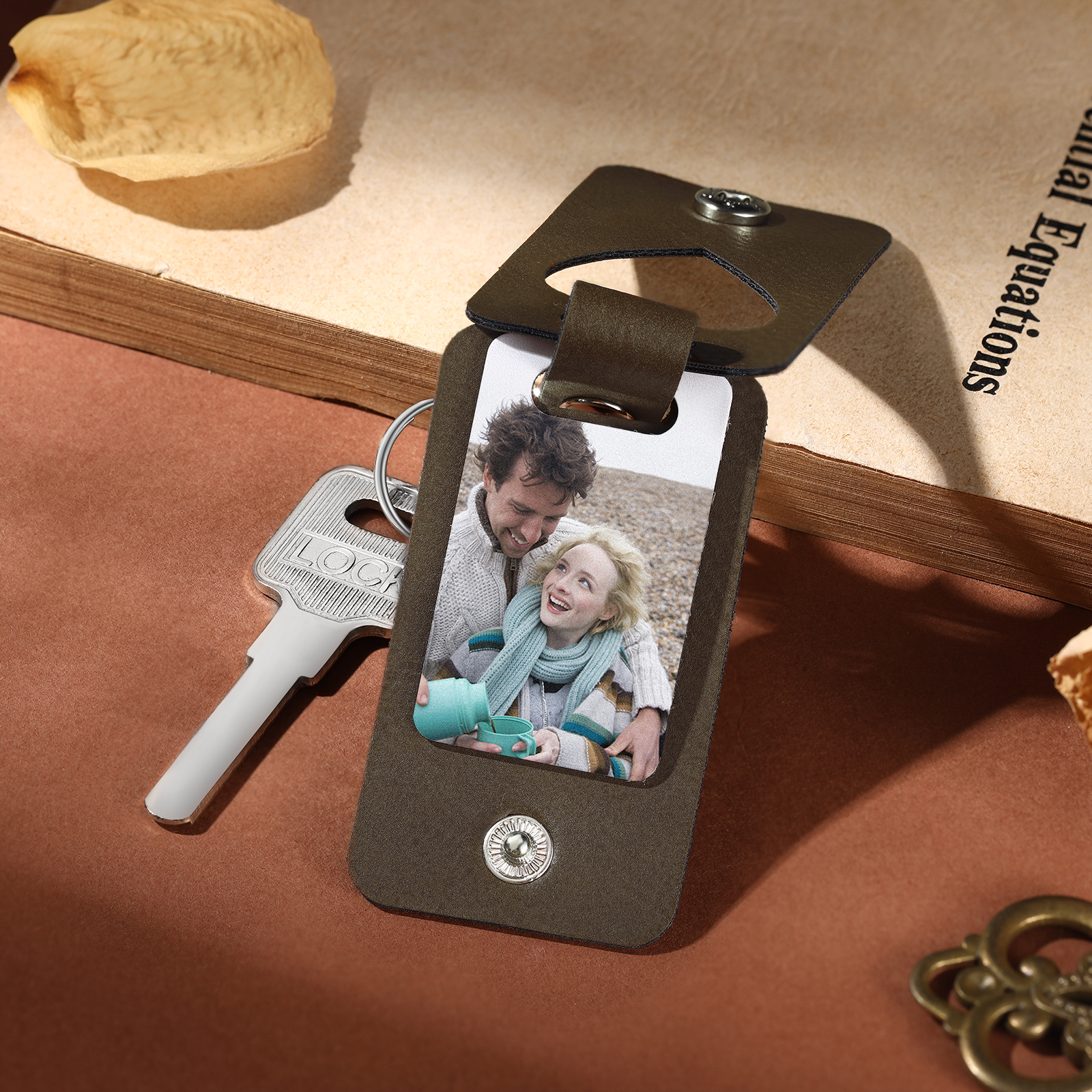 Personalised Leather Keychain Custom 2 Photos & 2 Texts Keyring Brown Gifts for Couple-Jessemade AU