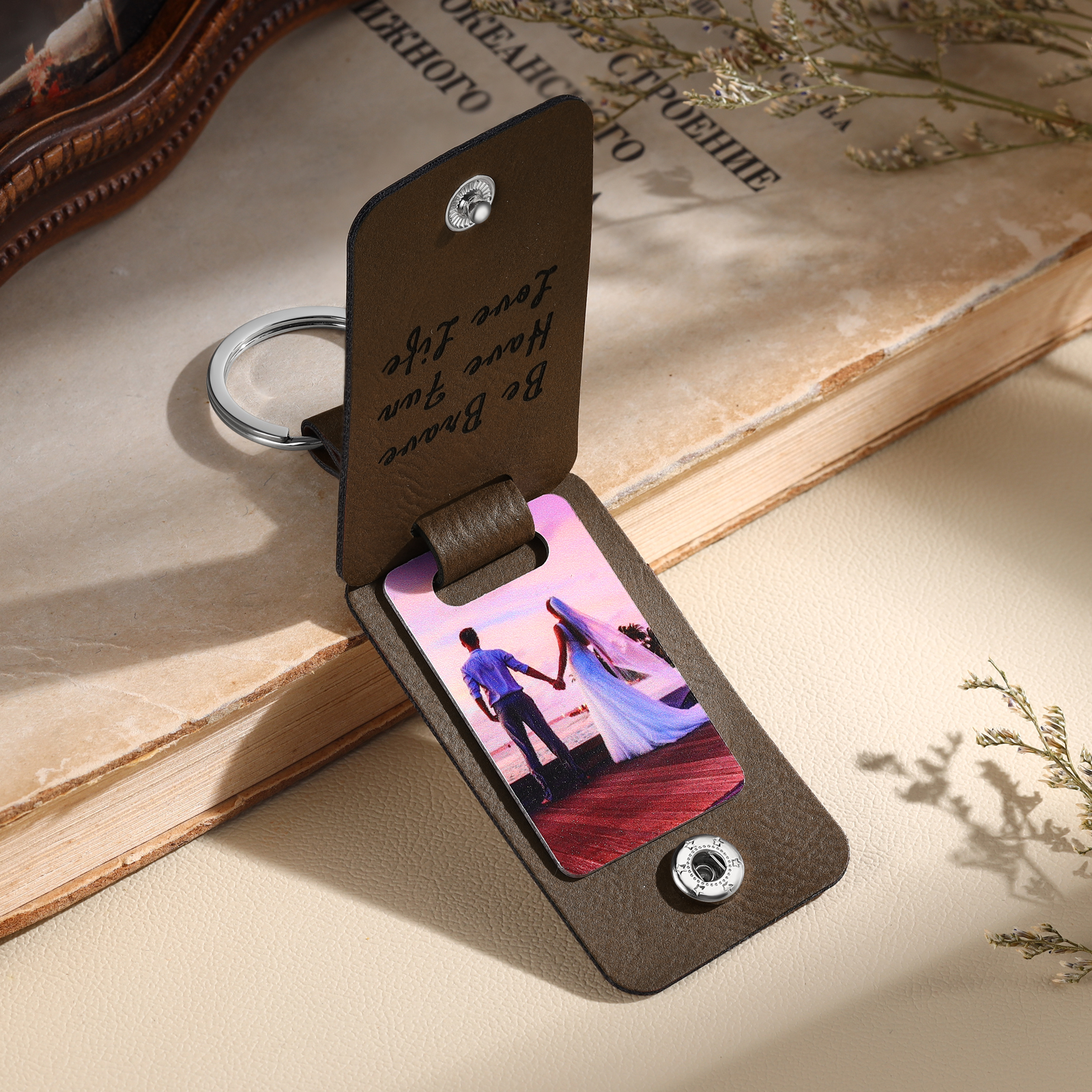 Personalised Leather Keychain Custom 2 Photos & 2 Texts Keyring Brown Gifts for Couple-Jessemade AU