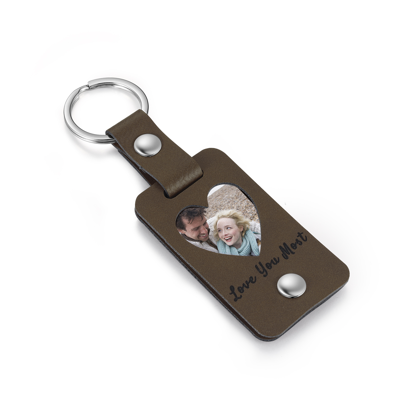 Personalised Leather Keychain Custom 2 Photos & 2 Texts Keyring Brown Gifts for Couple-Jessemade AU