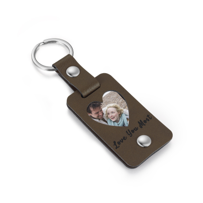 Personalised Leather Keychain Custom 2 Photos & 2 Texts Keyring Brown Gifts for Couple-Jessemade AU
