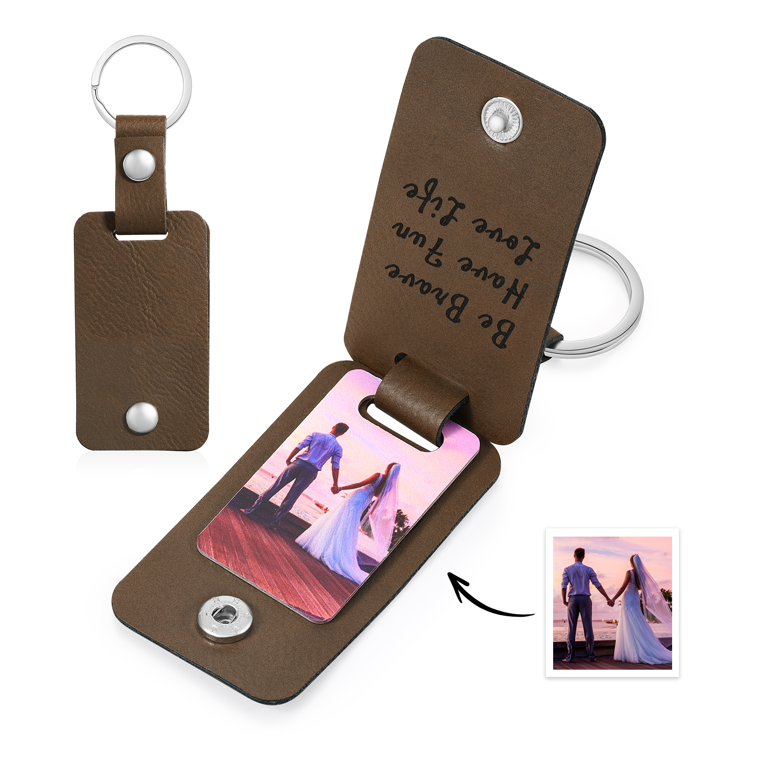Personalised Leather Keychain Custom 2 Photos & 2 Texts Keyring Brown Gifts for Couple-Jessemade AU