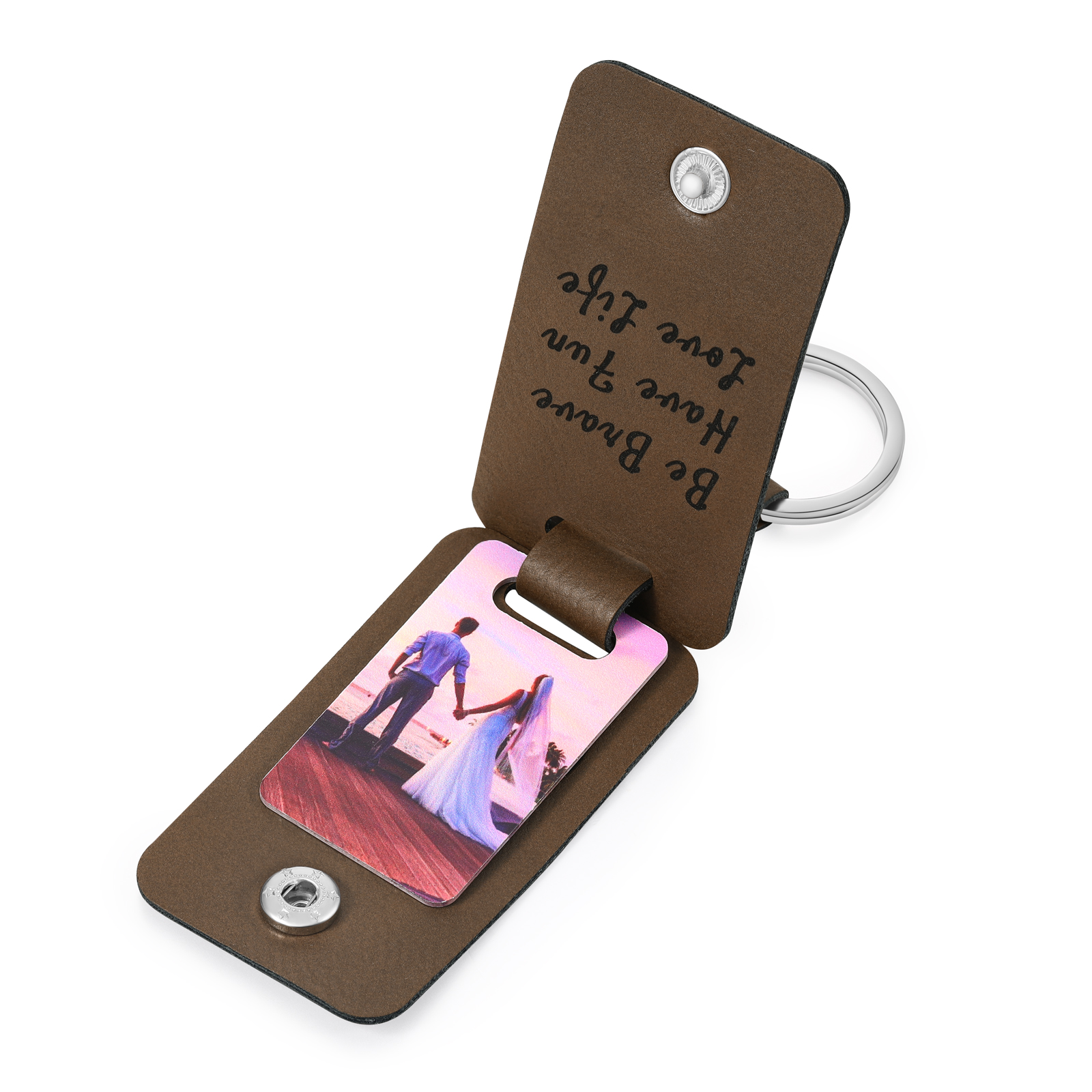 Personalised Leather Keychain Custom 2 Photos & 2 Texts Keyring Brown Gifts for Couple-Jessemade AU