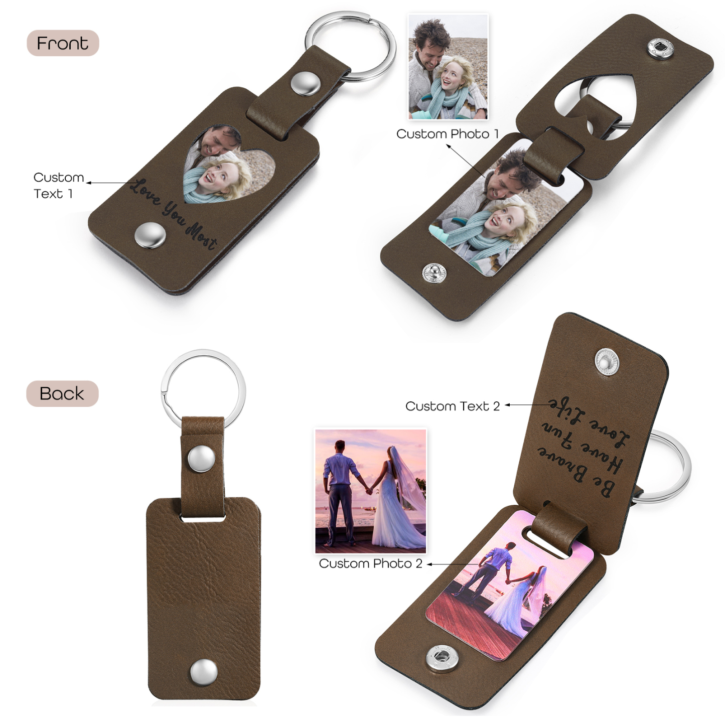 Personalised Leather Keychain Custom 2 Photos & 2 Texts Keyring Brown Gifts for Couple-Jessemade AU