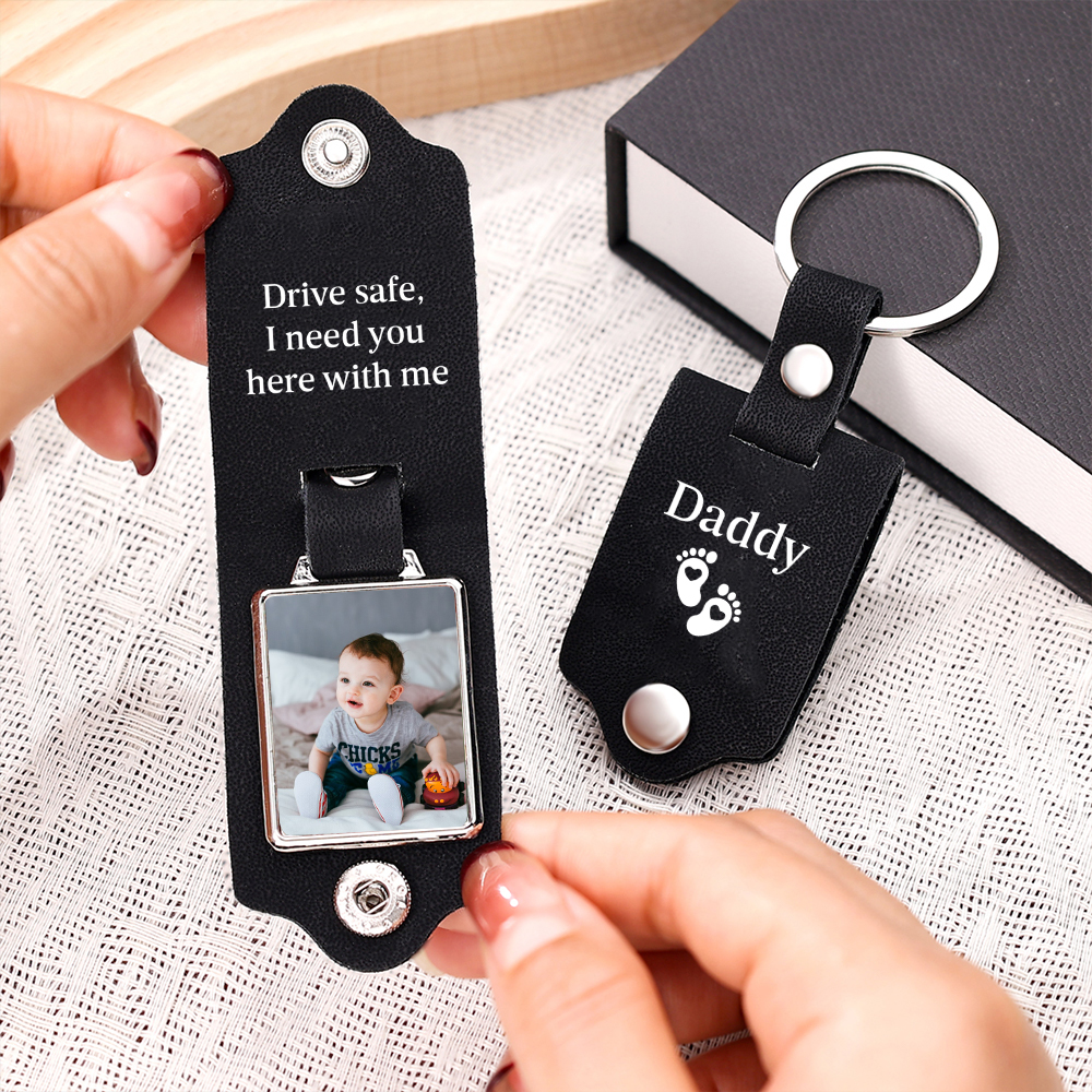 Personalised Photo Keyring for Dad – Drive Safe Message with Custom 2 Texts & 1 Photo Insert | Jessemade