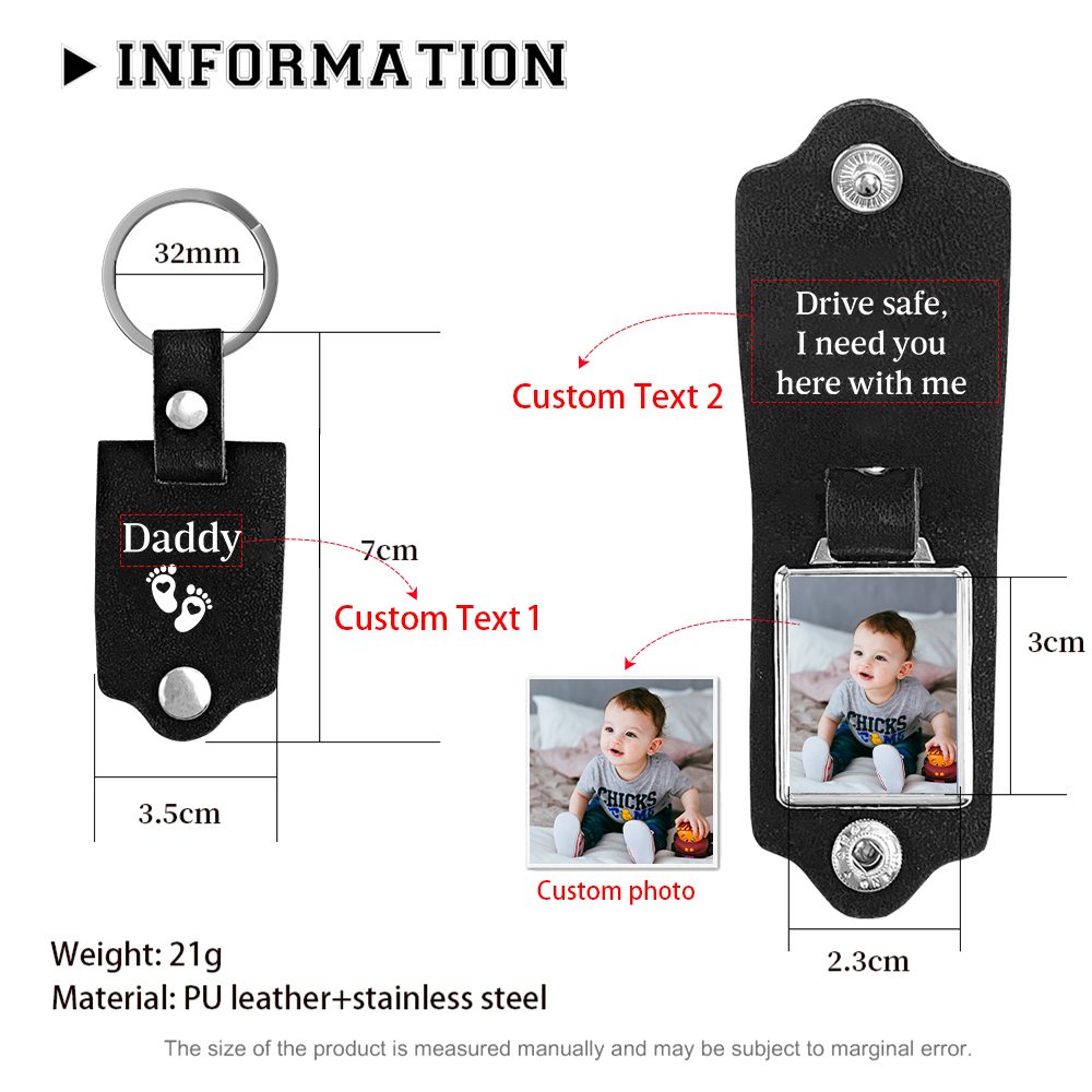 Personalised Photo Keyring for Dad – Drive Safe Message with Custom 2 Texts & 1 Photo Insert | Jessemade