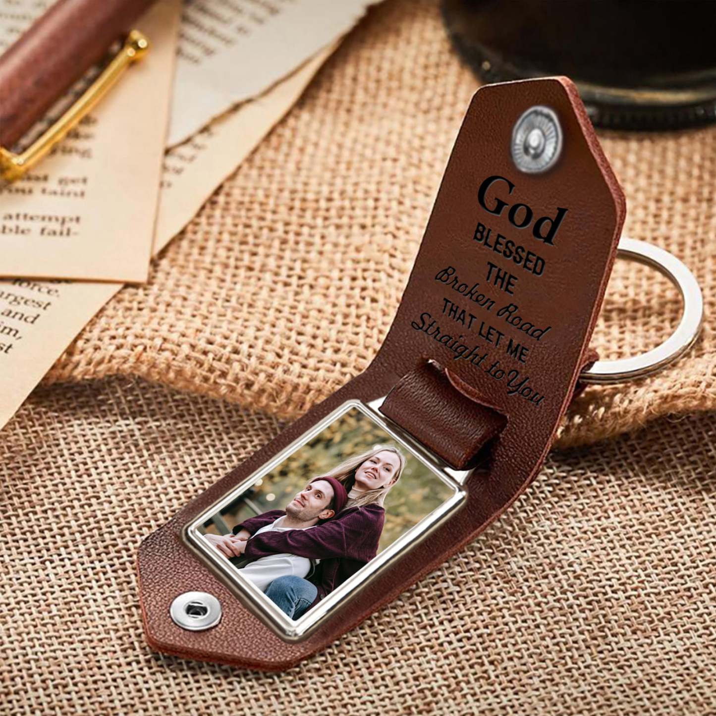 Personalised Couple Leather Keychain God Bless The Broken Road Custom with Photo 2 Names Keychain Gifts for Lover-Jessemade AU